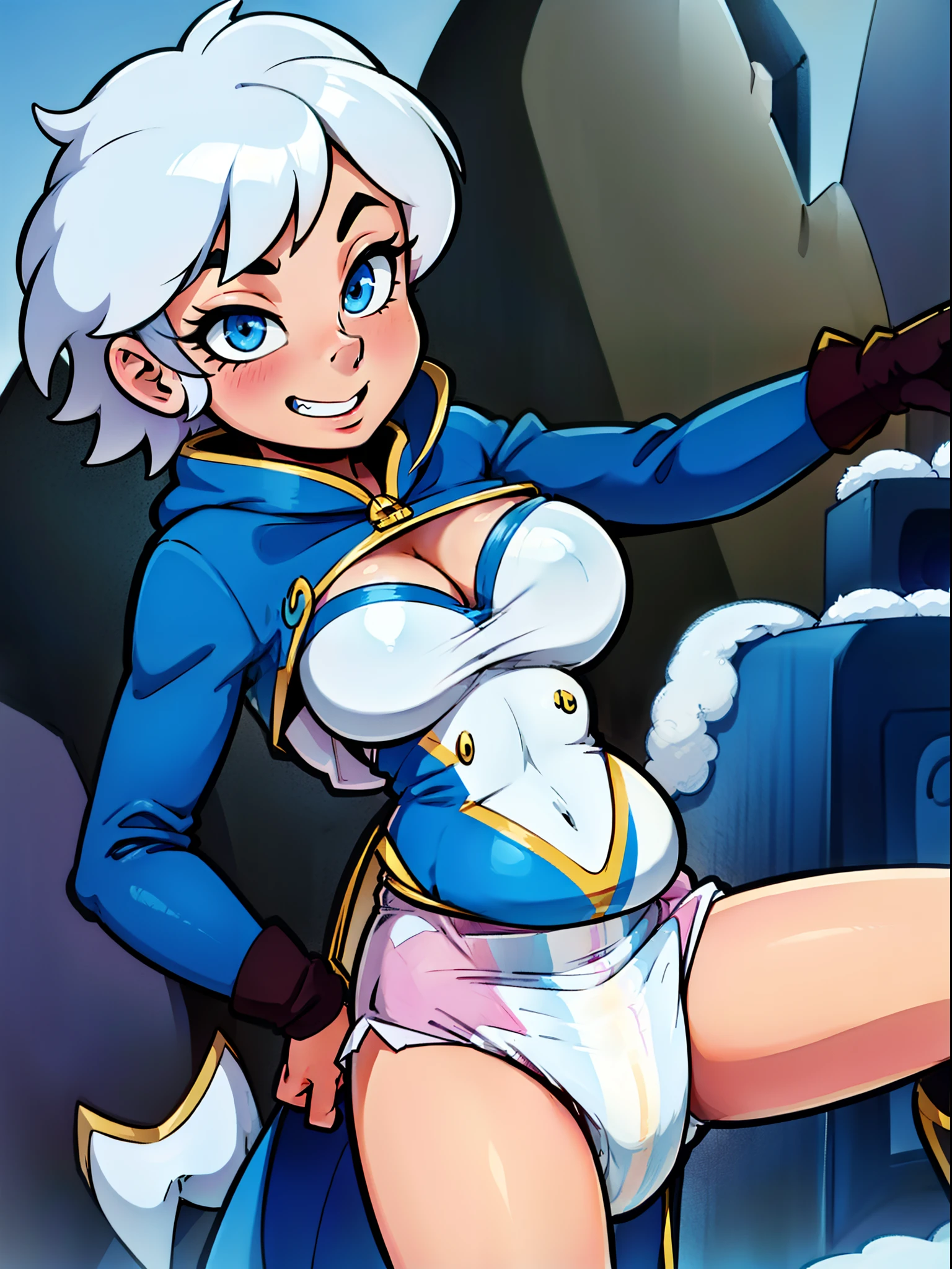1girl, Ashe, \league of legends\, white hair, cleavage, blue cloak, gold trim, wearing a ((diaper)), (diapered), standing, heroic, sexy, mountain background snow