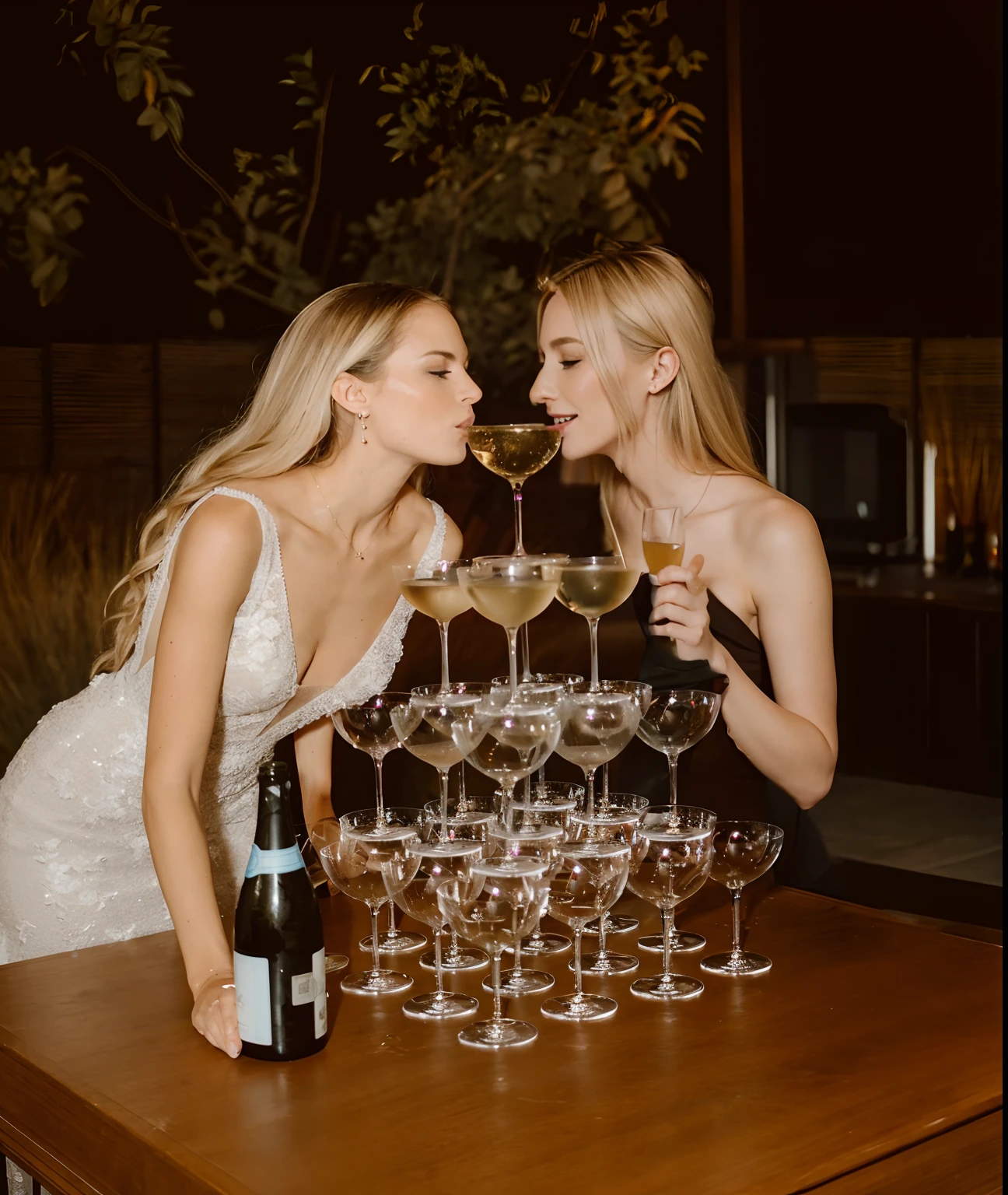 Two blonde women inside a hot tub filled with gold coins in a bank vault