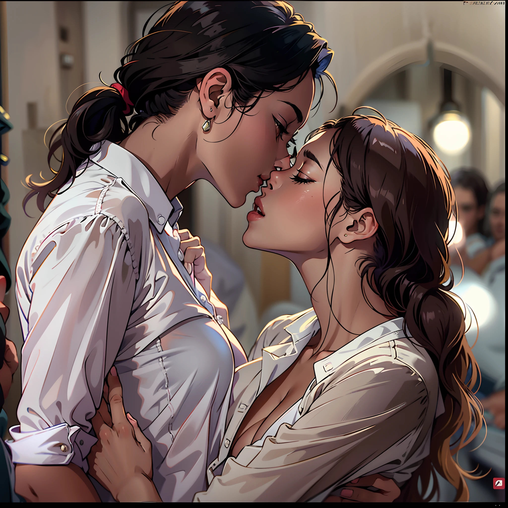 araffe woman kisses a woman in a white shirt while she holds her hand on her chest, kissing together cutely, kiss, still from a terence malik film, kissing, lovely kiss, kiss mouth to mouth, sexy movie photo, making love, making out, kissing together, love scene, seducing, kissing each other, couple kissing, sensuous