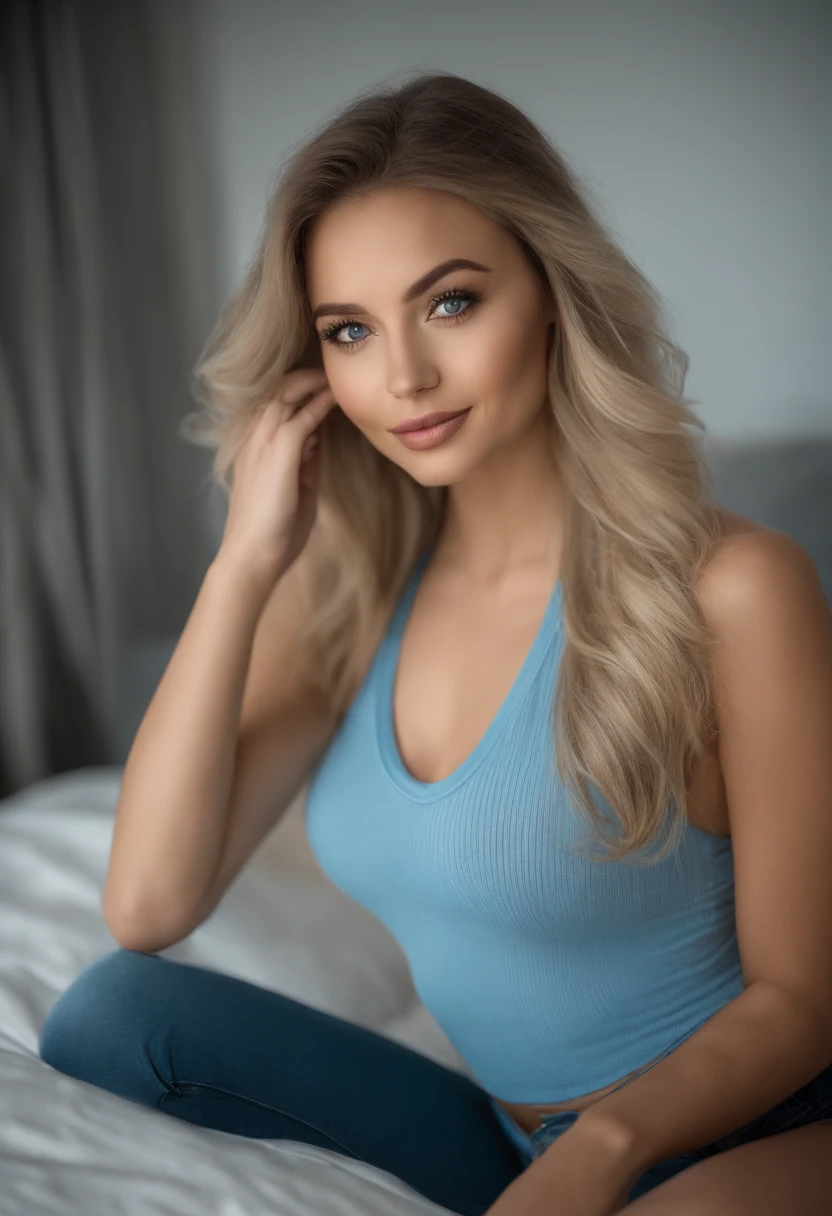 Woman with matching tank top and panties, Sexy girl with blue eyes, portrait sophie mudd, portrait corinna kopf, blonde hair and large eyes, Selfie einer jungen Frau, Augen im club Violet Myers, ohne Make-up, Natural makeup, Blick direkt in die Kamera, Gesicht mit Artgram, dezentes Make-up, Stunning full body shot, im Schlafzimmer, Spaltung