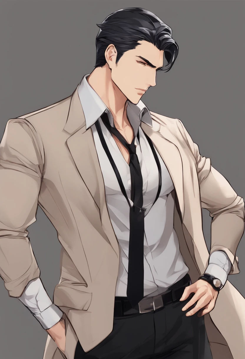 anime drawn man wearing black shirt looks like millionaire detective model sheet