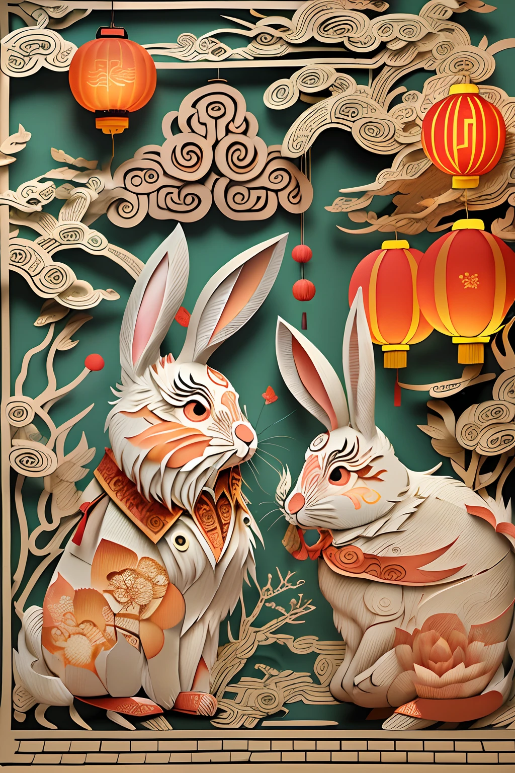 Zodiac rabbits，Mid-Autumn Festival，Festival lanterns，The background is an ancient Chinese street，Paper Cuttings style，Oriental style pattern，
