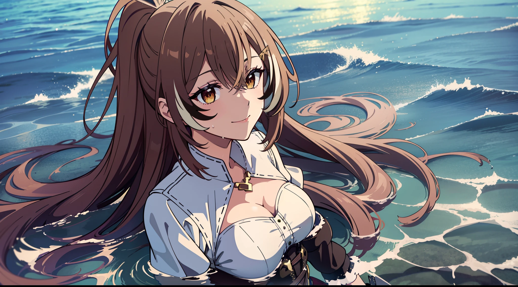 2D, HD, Detailed details, Detailed landscapes, beautiful lights, Beautiful Shadows, top-quality, Highly detailed, masterpiece, best quality, highres, aamumei, long hair, ponytail, ahoge, multicolored hair, feather hair ornament, hairclip, white shirt, brown corset, red skirt, mini breasts, closed mouth, smile, looking at viewer, highly detailed hands, highly detailed eyes, cleavage, Perfect hands, highly detailed face, full body, anime styled, blue sky, sky background, arms behind back, walk on water, sea, backdrop of dawn, horizon, Saturn in the background, wet clothes