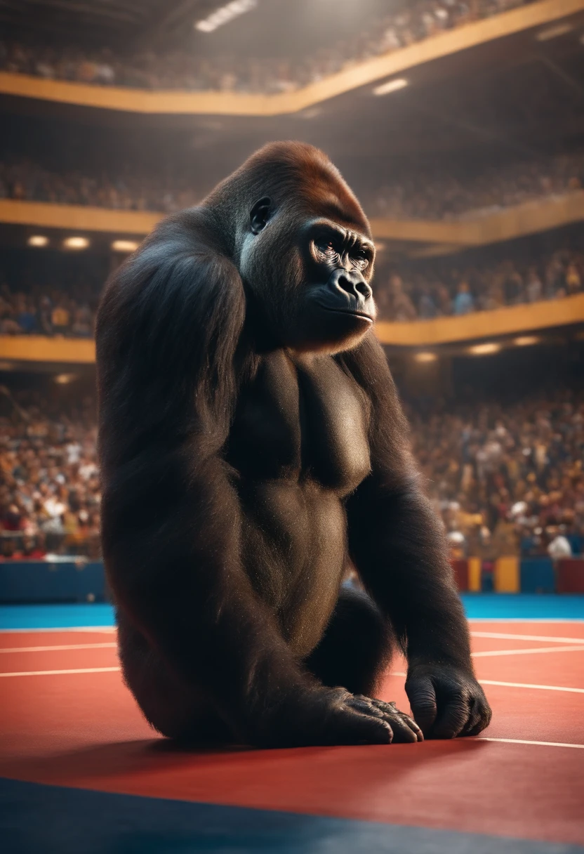 a gorilla beating its chest in the middle of a sports court, people are watching the game