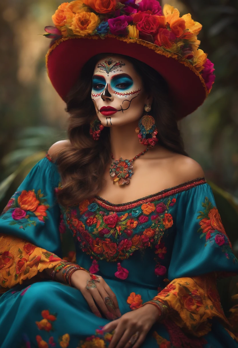 ((Masterpiece)), ((best quality)), 8k, high detailed, ultra-detailed. A catrina mexicana with vibrant colors.