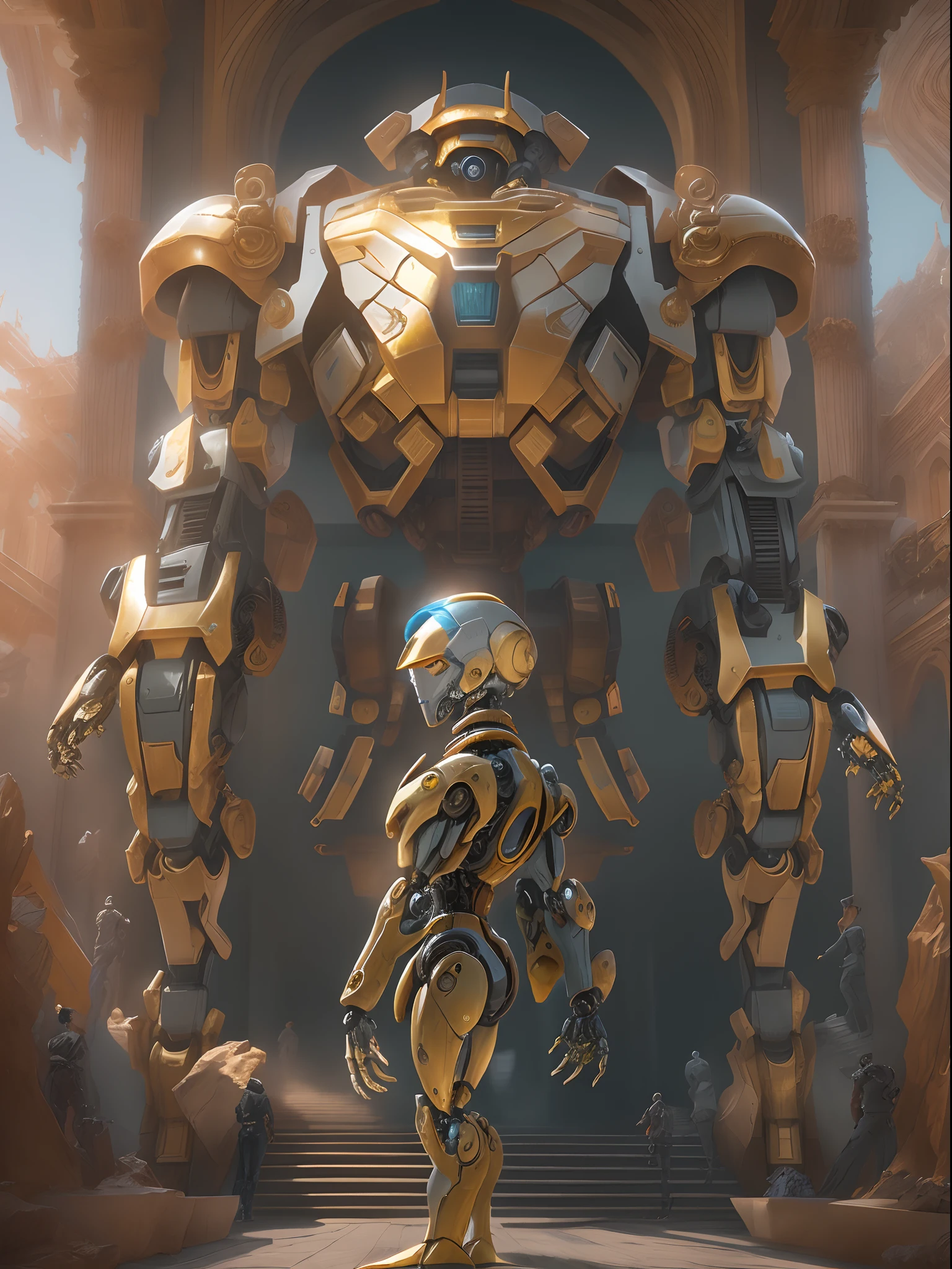 Baroque-style mecha robot, cowboy shot, a golden palace in the background, intricate details, cinematic lighting.