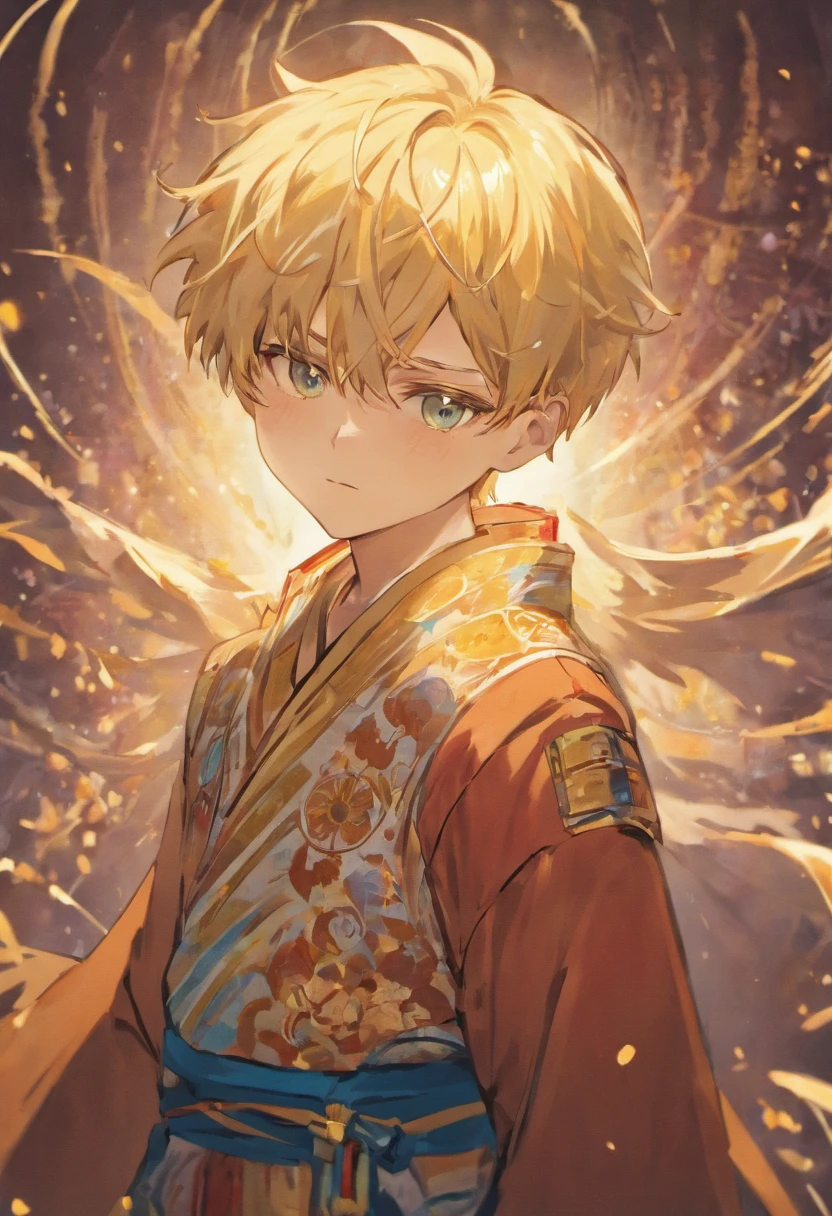 This boy has striking blonde hair that frames his face beautifully. He's wearing a stylish mask that adds an air of mystery to his appearance. Completing his look, he's dressed in an elegant kimono, giving off an aura of traditional charm and modern coolness