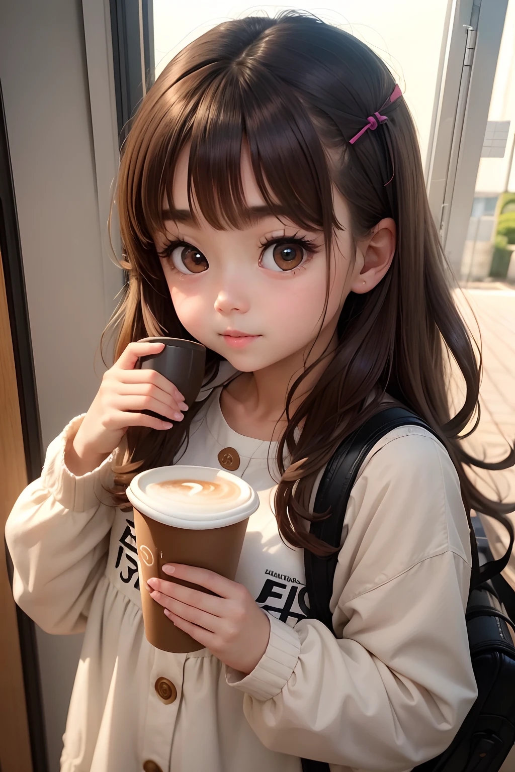 there is a young girl holding a cup of coffee in her hand, girl cute-fine-face, cute natural anime face, with cute - fine - face, sakimi chan, chiho, 奈良美智, young cute face, beautiful japanese girls face, brown hair and large eyes, cute kawaii girl, beautiful light big eyes