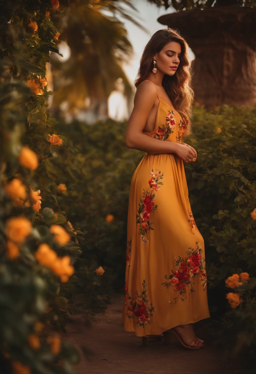 uma garota, sozinha, jardim, final de tarde, golden hour, ruiva, vestido florido, sandals, linda, oil painting style.
