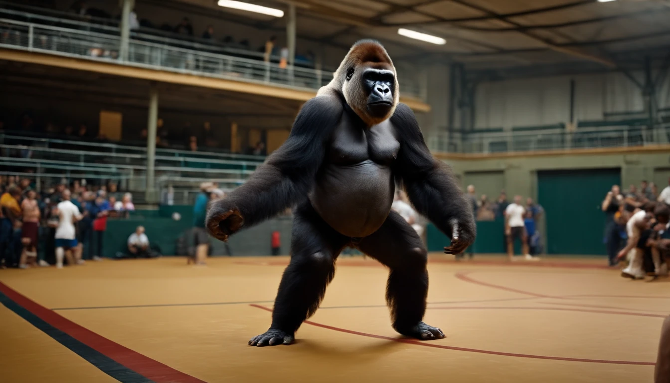 Gostaria de criar um gorila jogando futebol com uniforme preto e branco o gorilla e o moscote de um time de futebol