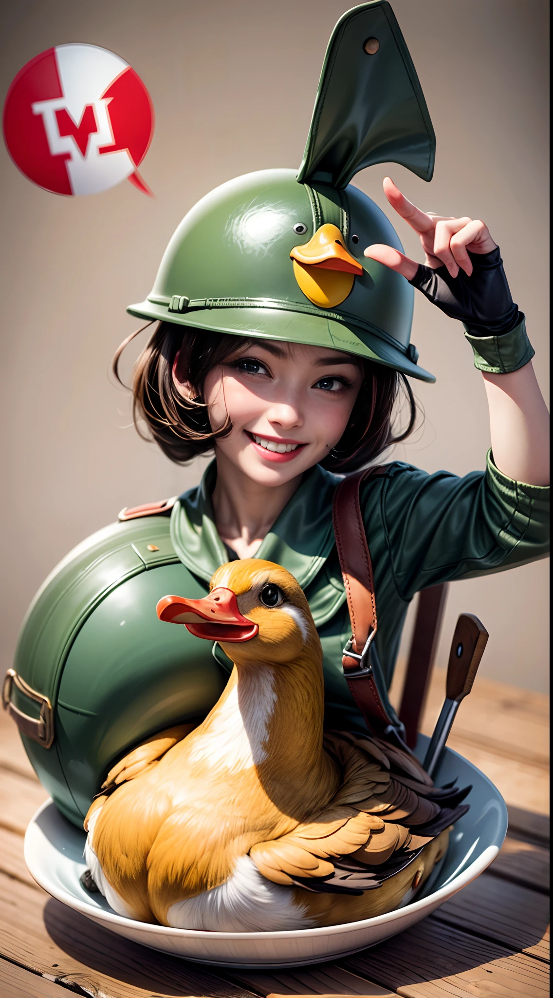 Happy Duck with WW2 Helmet Smiling, cute, waving