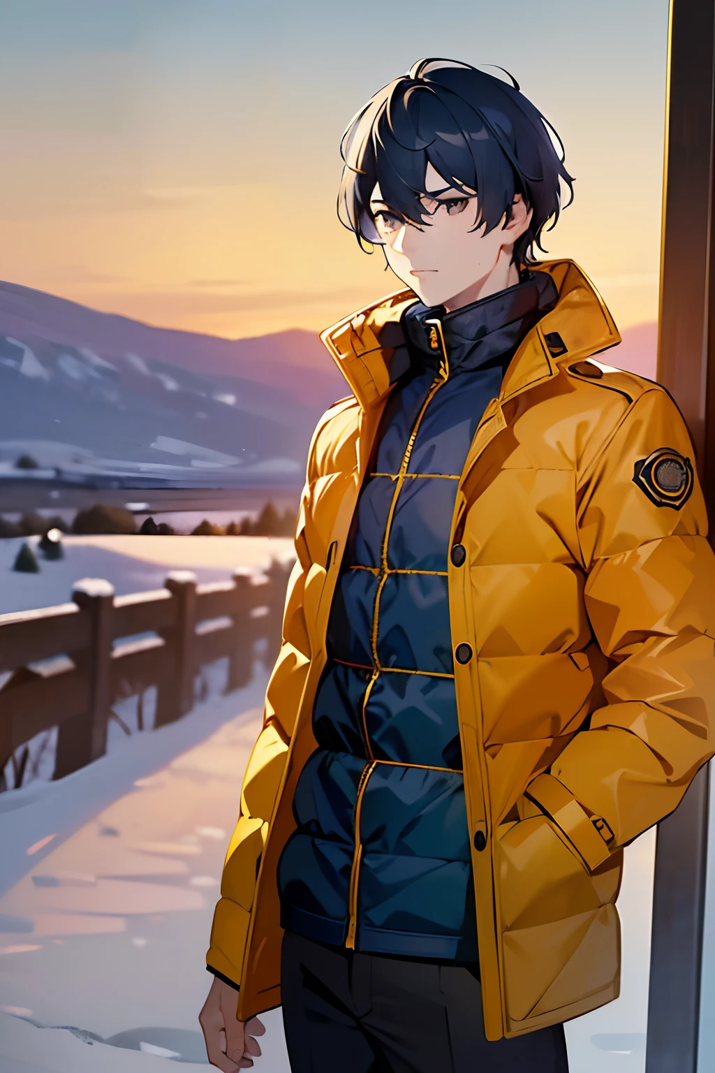 (best quality,4k,highres,masterpiece:1.2),ultra-detailed,realistic, HDR, young boy, dark blue hair, medium hair, black eyes, wearing a yellow puffer jacket, in the snow, sunset, vivid colors, sharp focus, winter landscape