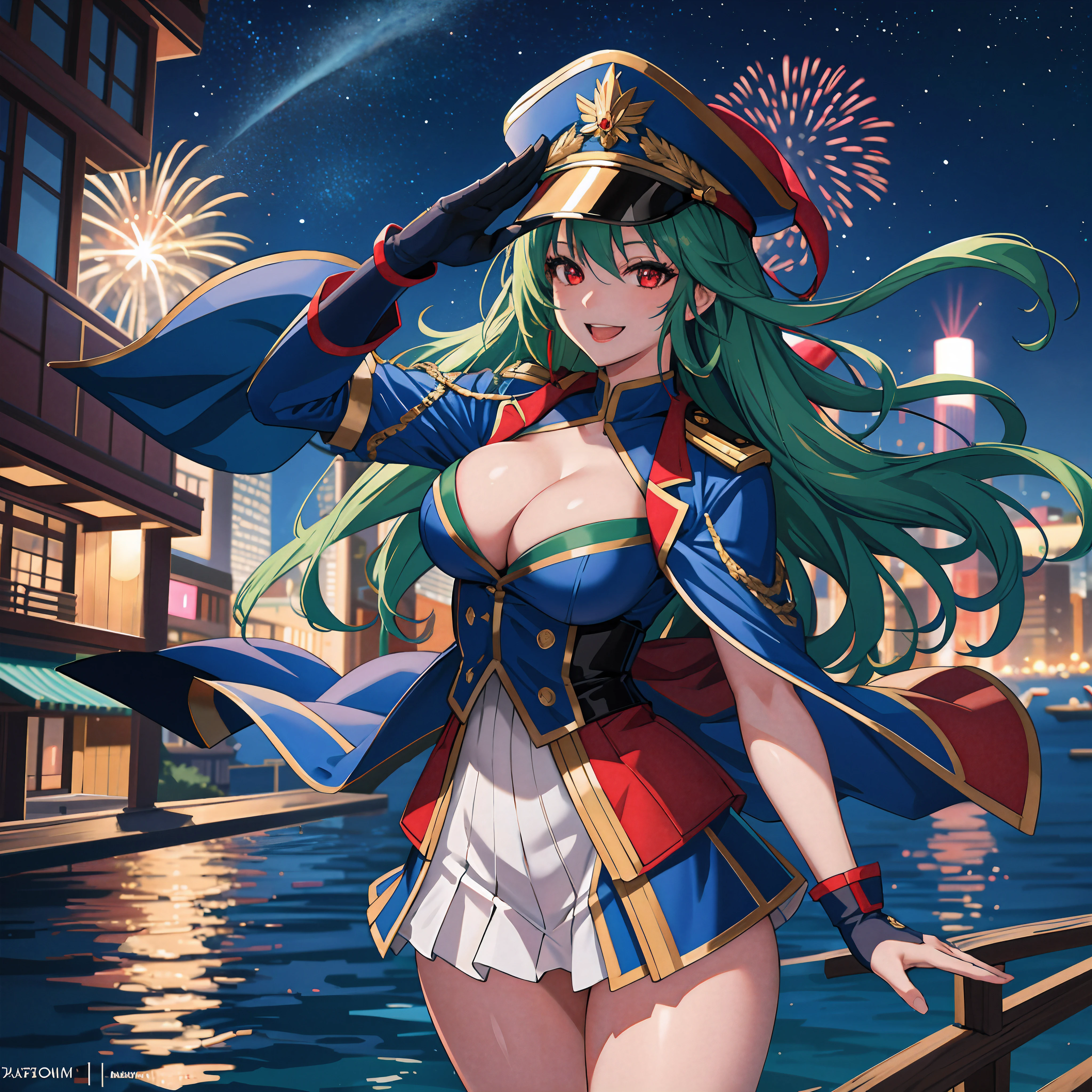 Full body shot, sexy, vibrant colors, girl, masterpiece, sharp focus, best quality, depth of field, cinematic lighting, hat, long hair, green hair, red eyes, laughing, smile, medium breasts, outdoors, fireworks, salute, night sky, starry sky, city, water, , white captain outfit