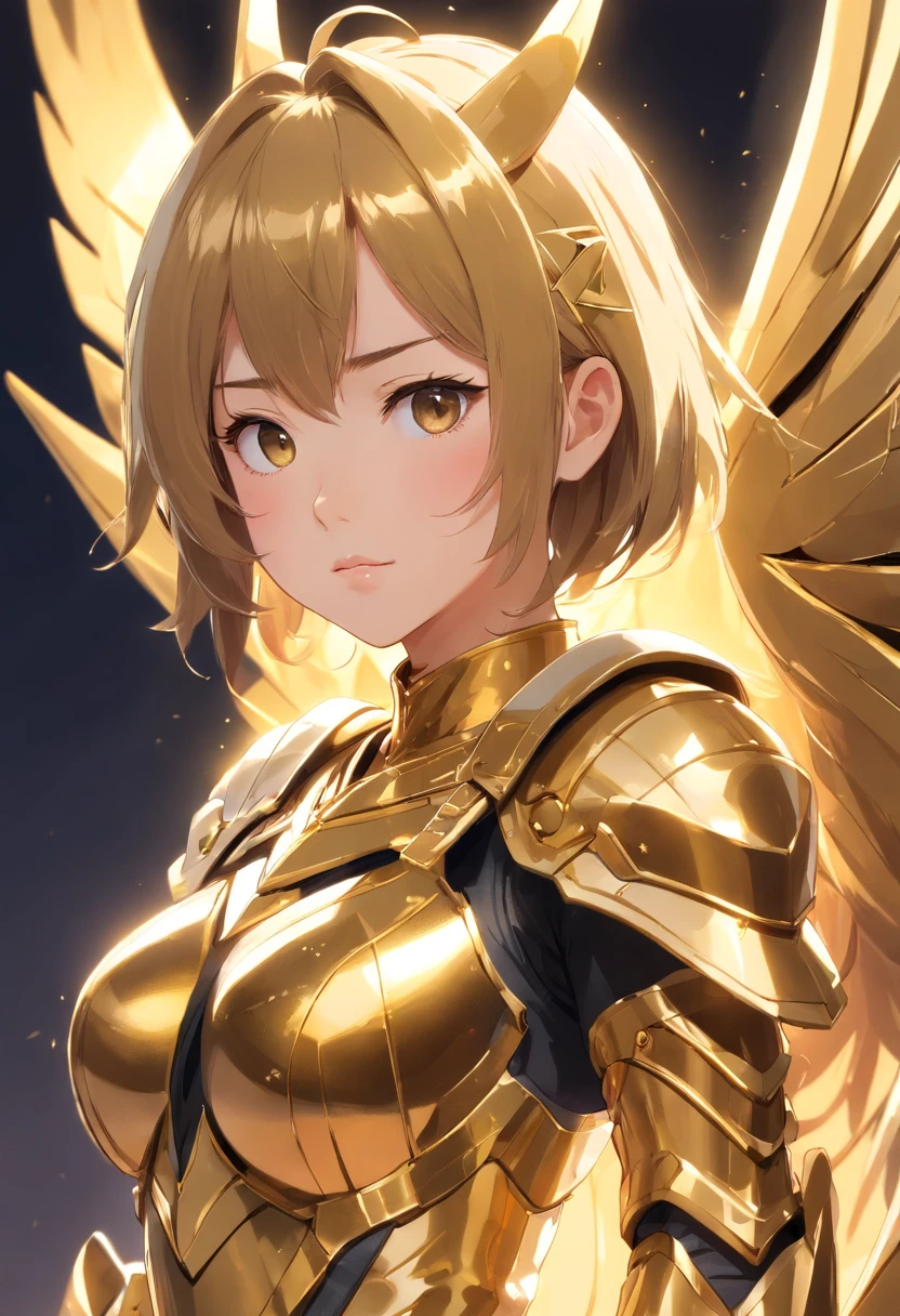 Close-up of a woman with very large breasts and wings, angelic golden armor, Anime goddess, angel knight girl, Goddess. Extremely high detail, as a mystical valkyrie, 8K high quality detailed art, knights of zodiac girl, 2. 5 D CGI anime fantasy artwork, extremely detailed goddess shot, angel in plastic armor, ArtStation masterpiece