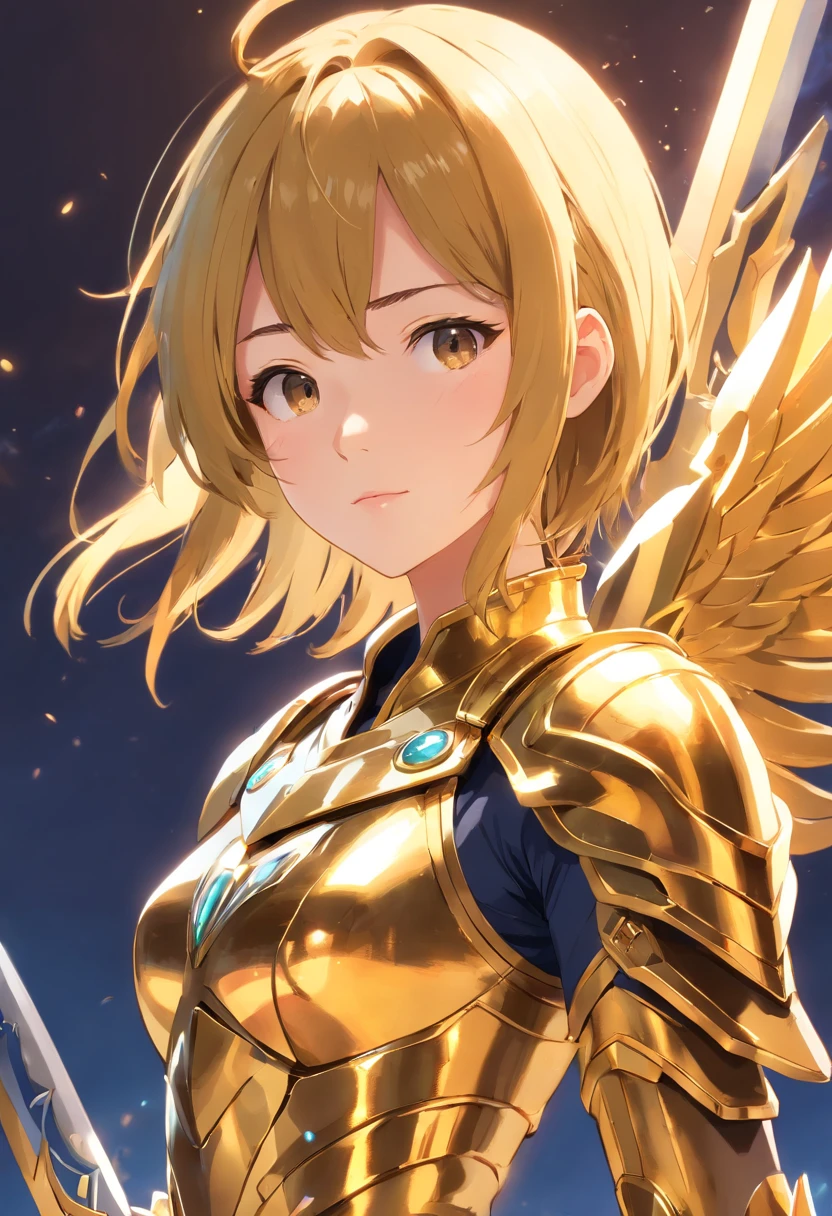 1 Girl gute face in a golden dragoon Armour, and Greatsword, UHD, masterpiece, anatomically correct, super detail, high details, high quality, best quality, highres, 8k