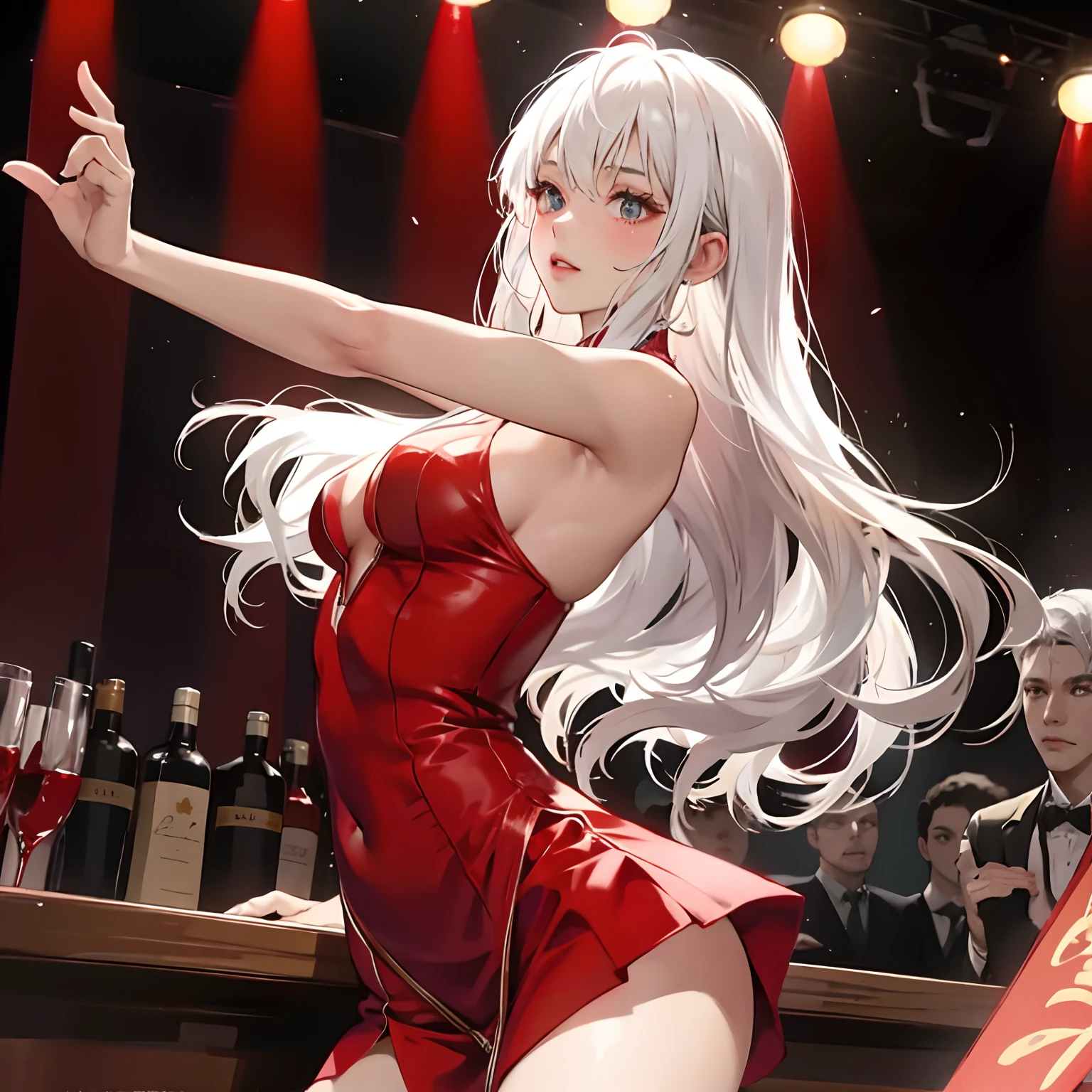 white hair, 1 girl, sexy, wearing a tight red dress, dancing on stage on the bar