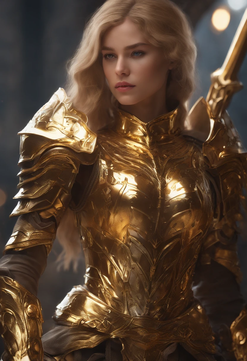 1 Girl gute face in a golden dragoon Armour, and Greatsword, UHD, masterpiece, anatomically correct, super detail, high details, high quality, best quality, highres, 8k