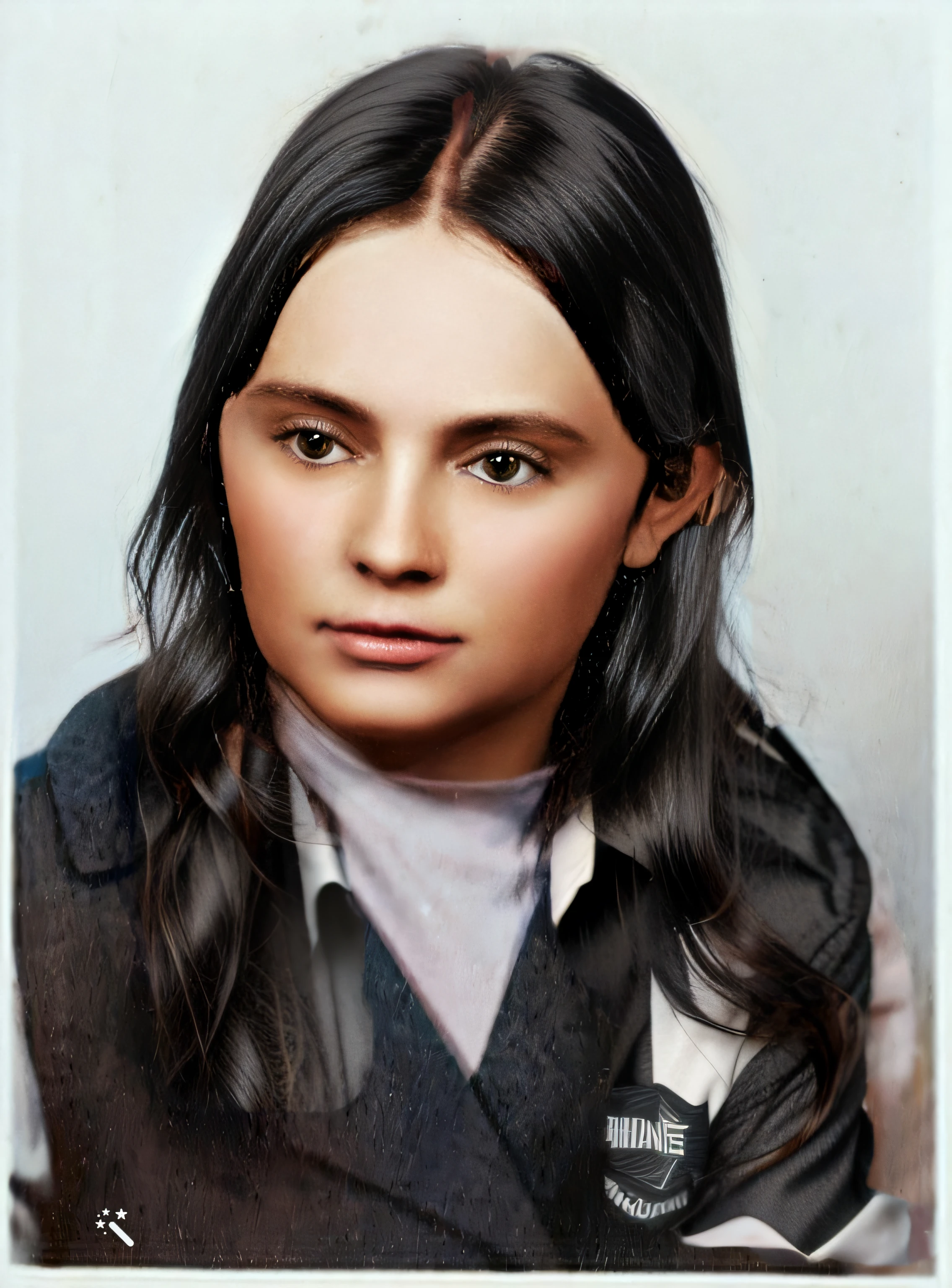 photograph of a young woman with black hair and a white shirt, a colorized photo, old color photo, coloured photo, colorized photo, color studio portrait, colorized, colored photo, old color photograph, colourized, vintage color photo, colour portrait photograph, color portrait, colorized photograph, colorized background, colourised, restored color, aged 18