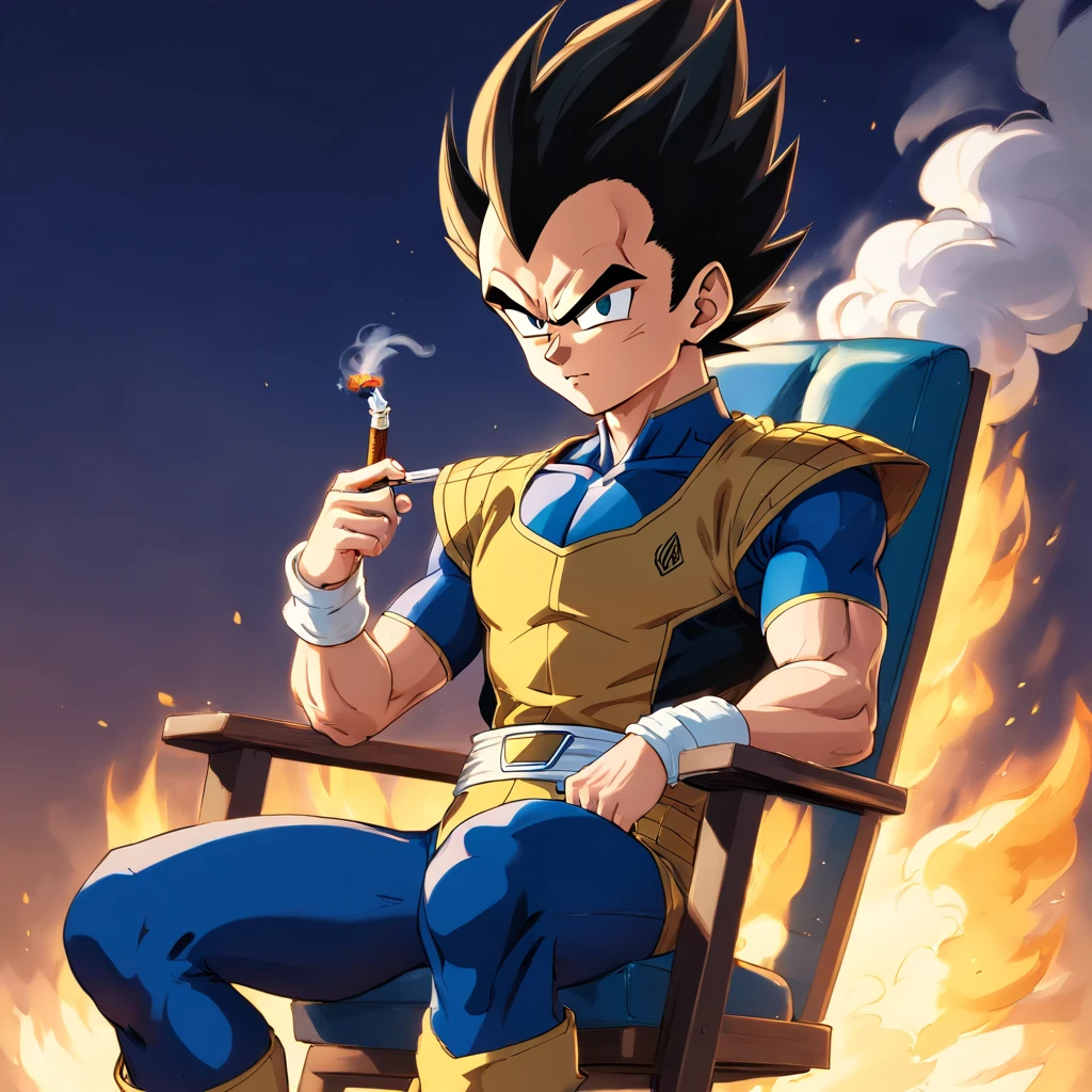 Vegeta usando um terno preto com um cigarro na boca, sitting in a chair that highlights your power and influence, masculino, Dragon ball
