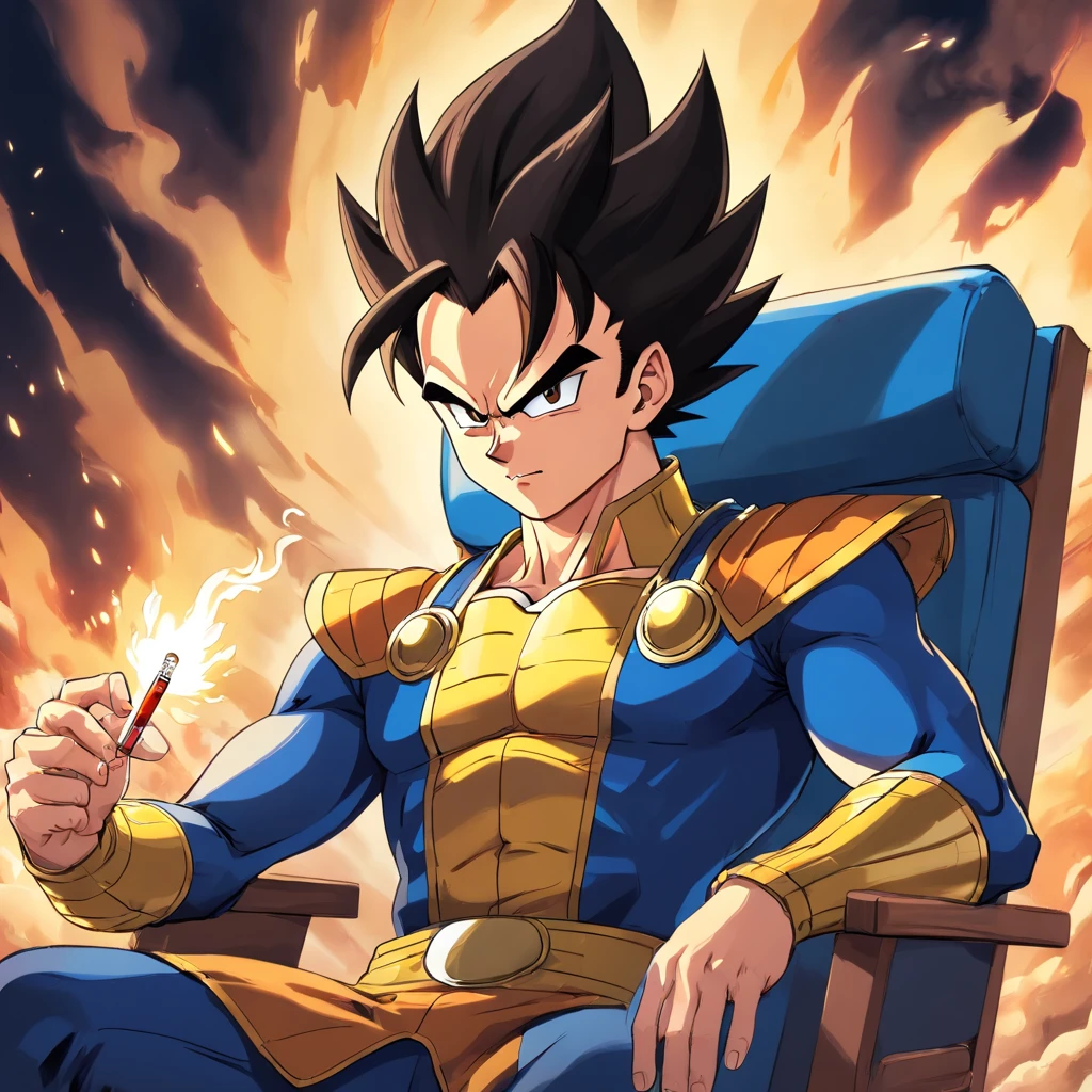 Vegeta usando um terno preto com um cigarro na boca, sitting in a chair that highlights your power and influence, masculino, Dragon ball