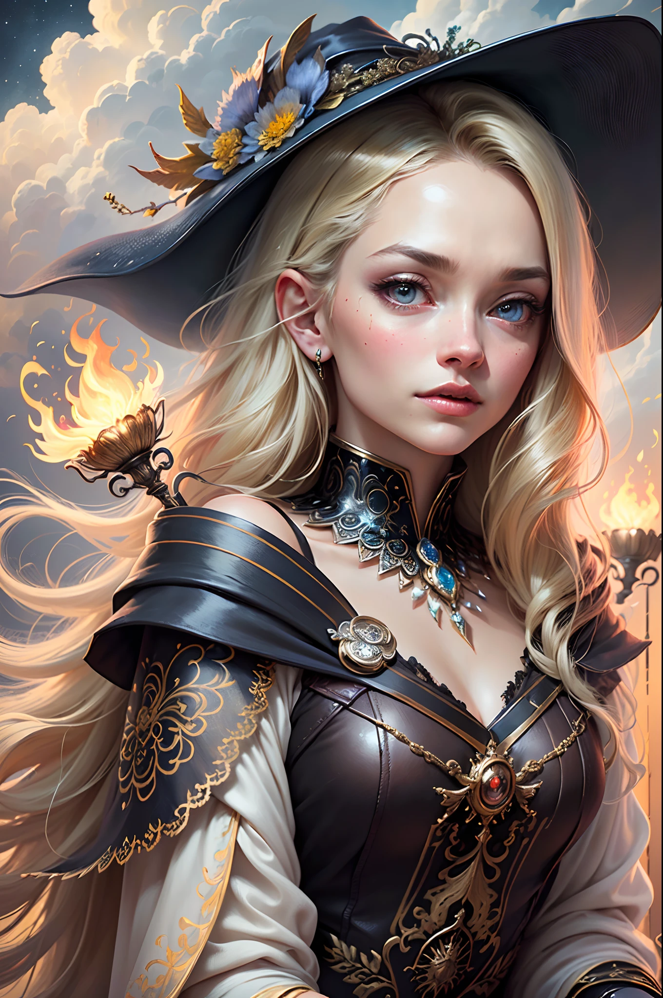 ((best quality)), ((masterpiece)), (detailed), actress Amanda Seyfried, realistic eyes, blonde hair, long black robe, magic landscape, ethereal beauty, sitting in a field, (fantasy illustration:1.3), enchanting gaze, solo witch, otherworldly charm, mystical sky, (Luis Royo:1.2), (Yoshitaka Amano:1.1), moonlit night, soft colors, (detailed cloudscape:1.3), (high-resolution:1.2), realistic, realism, glowing torches