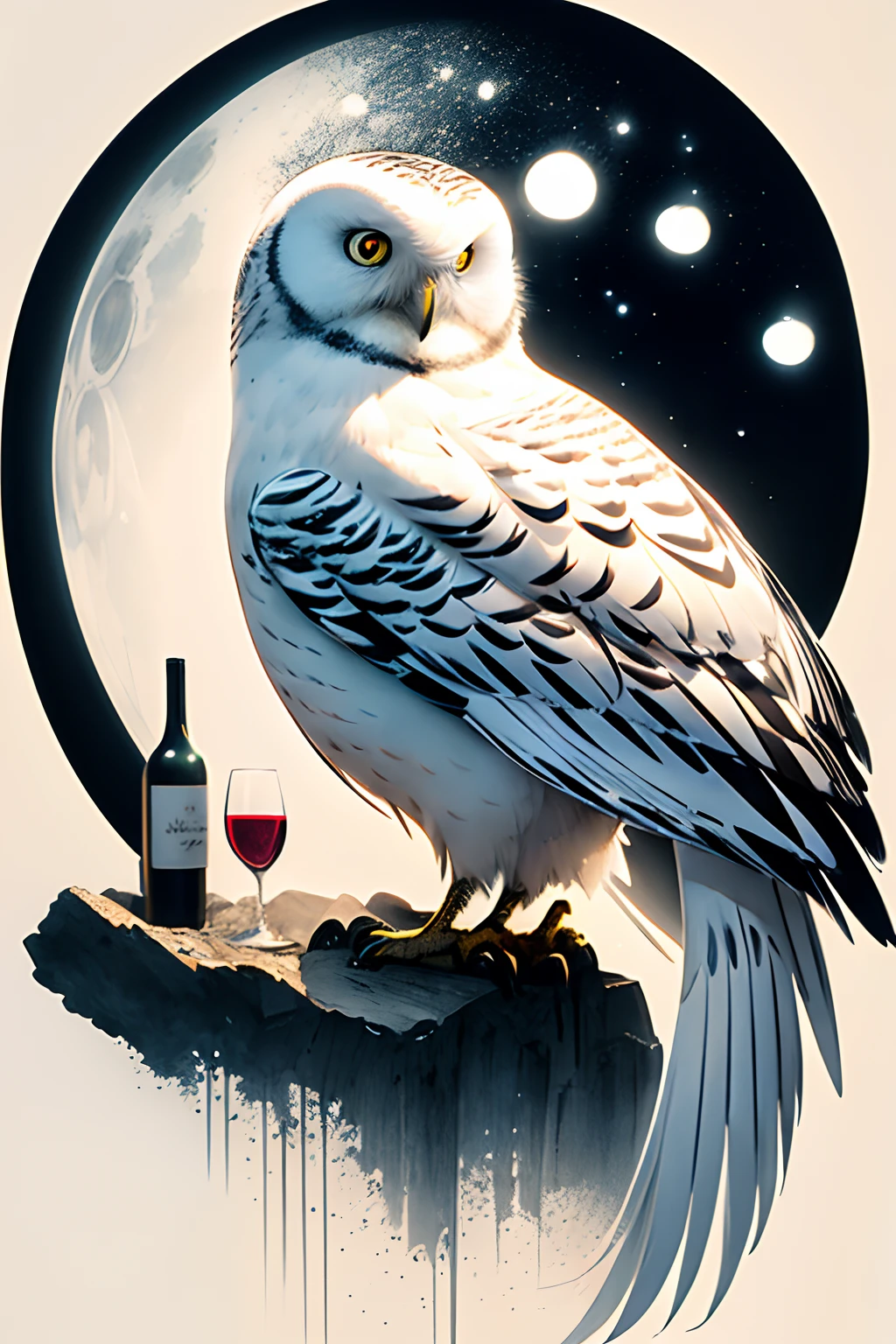 (high quality, 4k, 8k, high resolution, masterpiece:1.2), ultra-detailed, (realistic, photorealistic, photo-realistic:1.37), snowy owl drinking wine, fantasy, ink, white background: 1.3, vibrant colors, illuminated by soft moonlight, mystical atmosphere, magical feathers, intricate patterns, wine bottle, delicate wine glass, delicate features of the owl's face, expressive eyes, elegant posture, enchanting scene