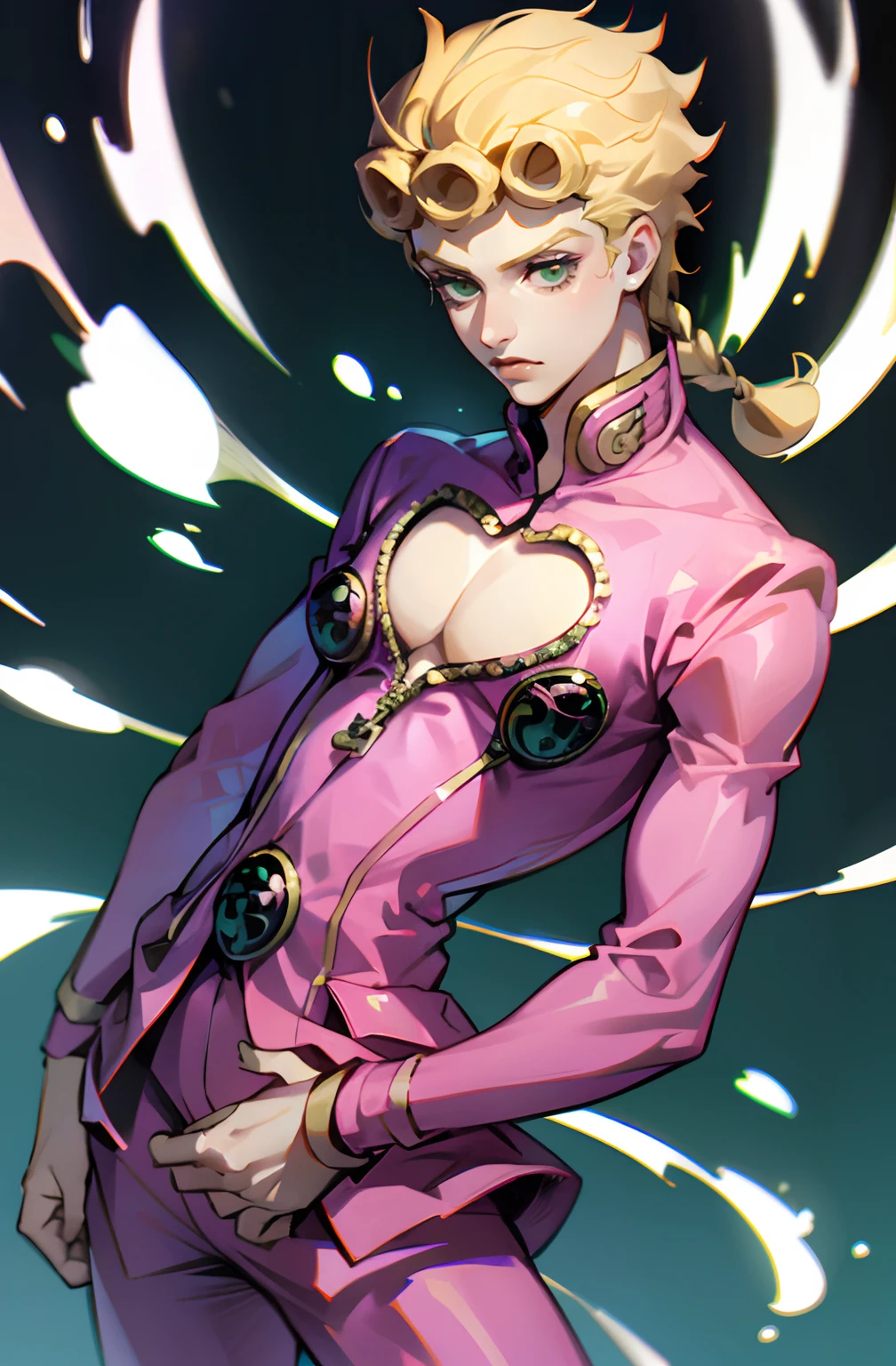 Giorno Giovanna, solo, green eyes, blonde hair, 1boy, braid, male focus, clothing cutout, cleavage cutout, pectorals, pink suit, cowboy shot