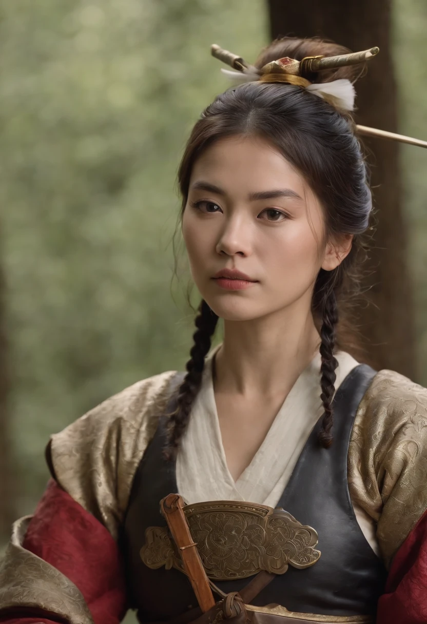 Samurai Woman Homem Medieval, armadura preta, coroa de ouro, cabelo ruivo