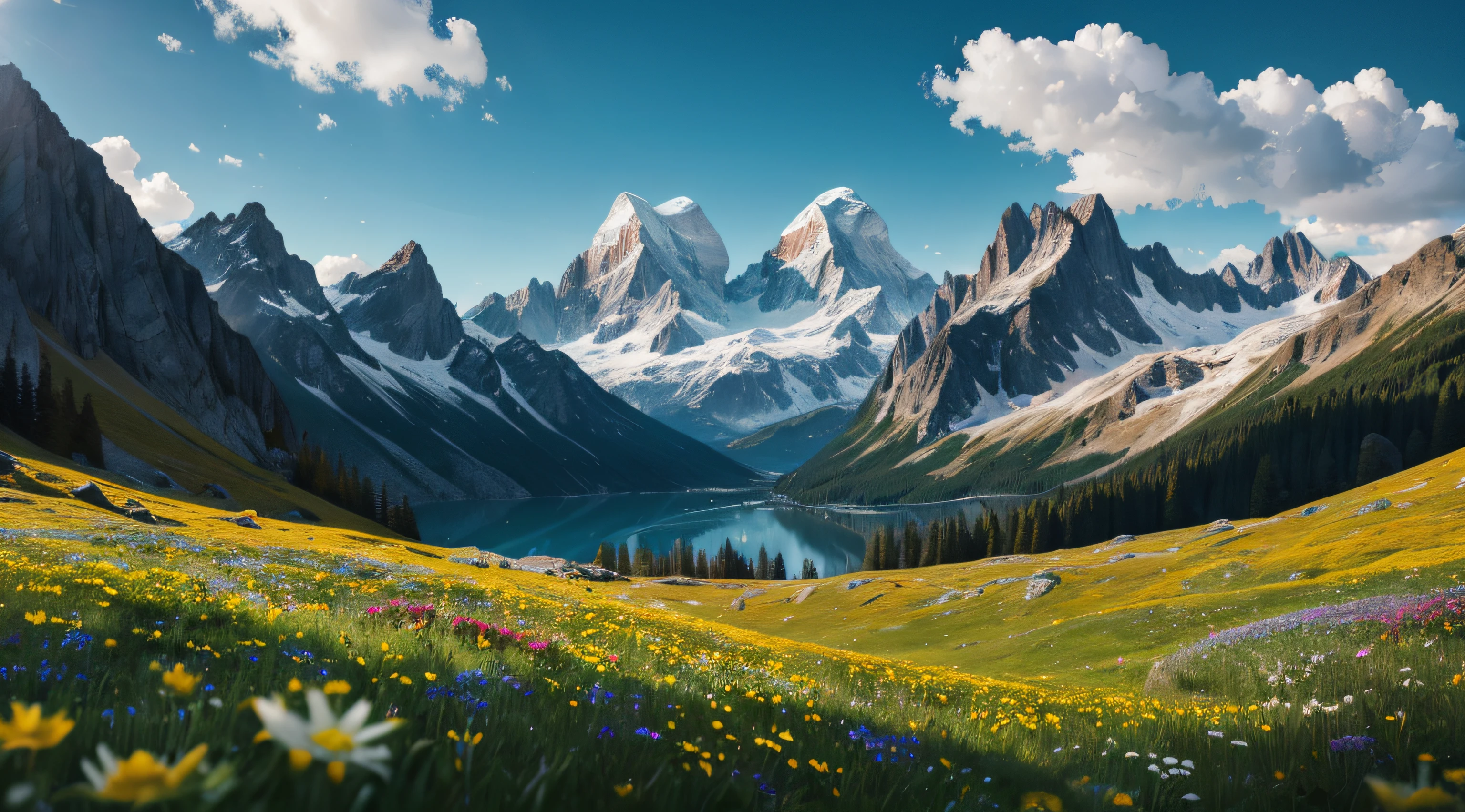 Spring sunrise flower field (Edelweiss Flower) on the Olan stone refuge and alpine peaks (Mont Blanc: altitude of 4808 meters, the highest peak in Western Europe and the European Union, (granite core around which metamorphic rocks such as gneiss, There are micaschists and calcschists)), The deep blue sky and the green valleys are dotted with wild flowers typical of alpine pastures, fir, larch. Mountain lake with reflection. majestic, picturesque, wild, nature, serenity, (16k, beste-Qualit, Hdr, Better resolution, master piece:1.2), Bright colors of the sun, red, orange and yellow, Bokeh, Realistic Photography, Canon 5d4.