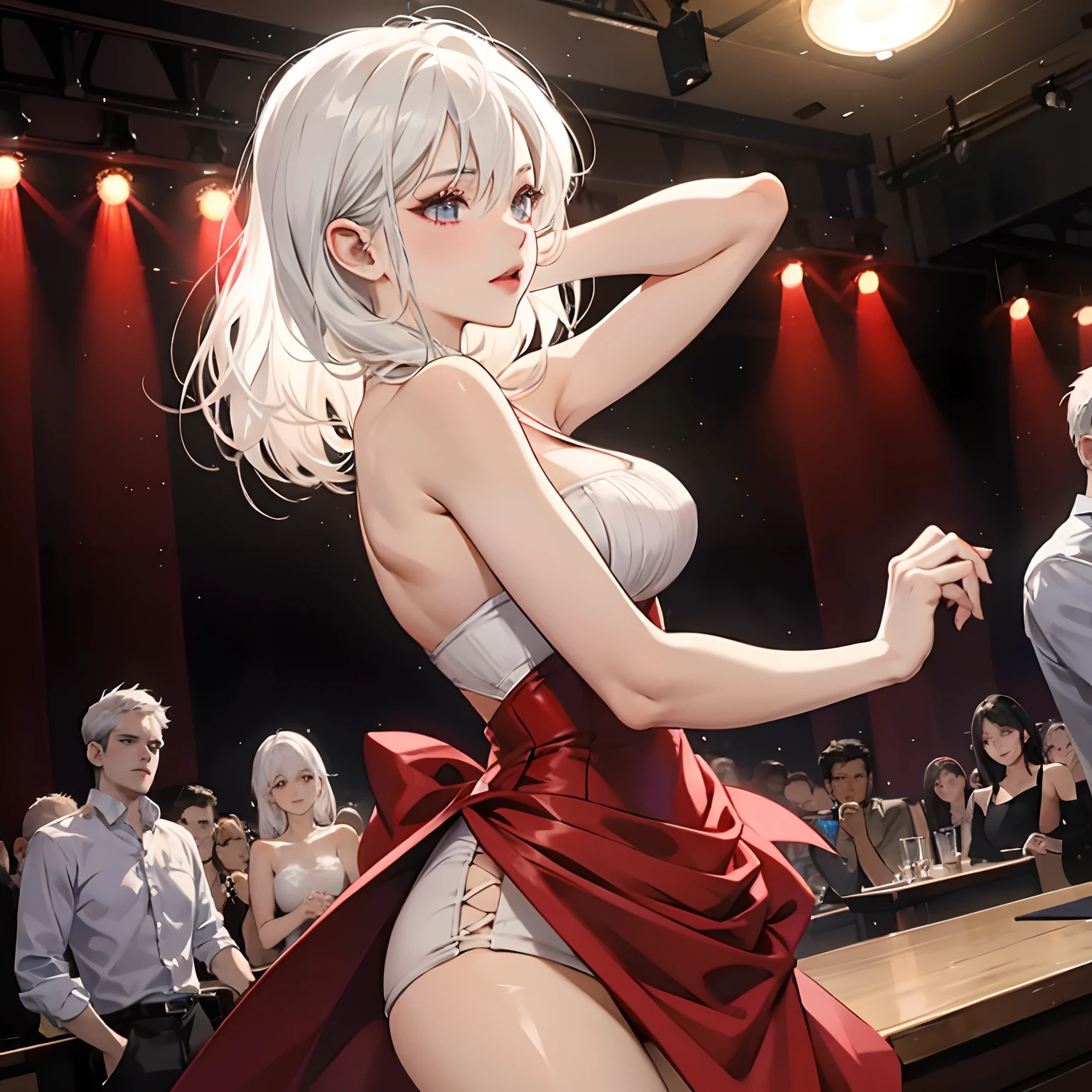 white hair, 1 girl, sexy, wearing a tight red dress, dancing on stage on the bar