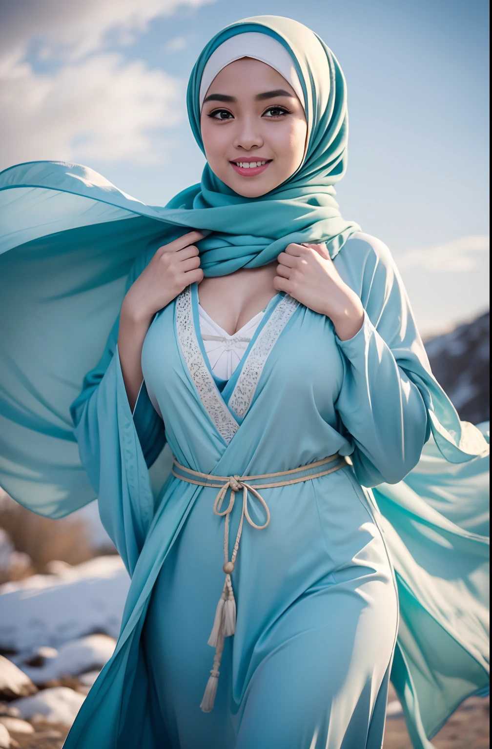 RAW, Best quality, high resolution, masterpiece: 1.3), beautiful Malay woman in hijab, Masterpiece, perfect slim body, (Big breasts), beautiful big eyes, Soft smile, RAW, Best quality, high resolution, masterpiece: 1.3), Female Beautiful Malay in hijab, Masterpiece, perfect slim body, big breasts, Best quality, 4K image quality, 1 Malay girl in hijab, light blue Hanfu, snow, long hijab fluttering in the wind, healing smile, big opening, blurred background, hill background green, morning light