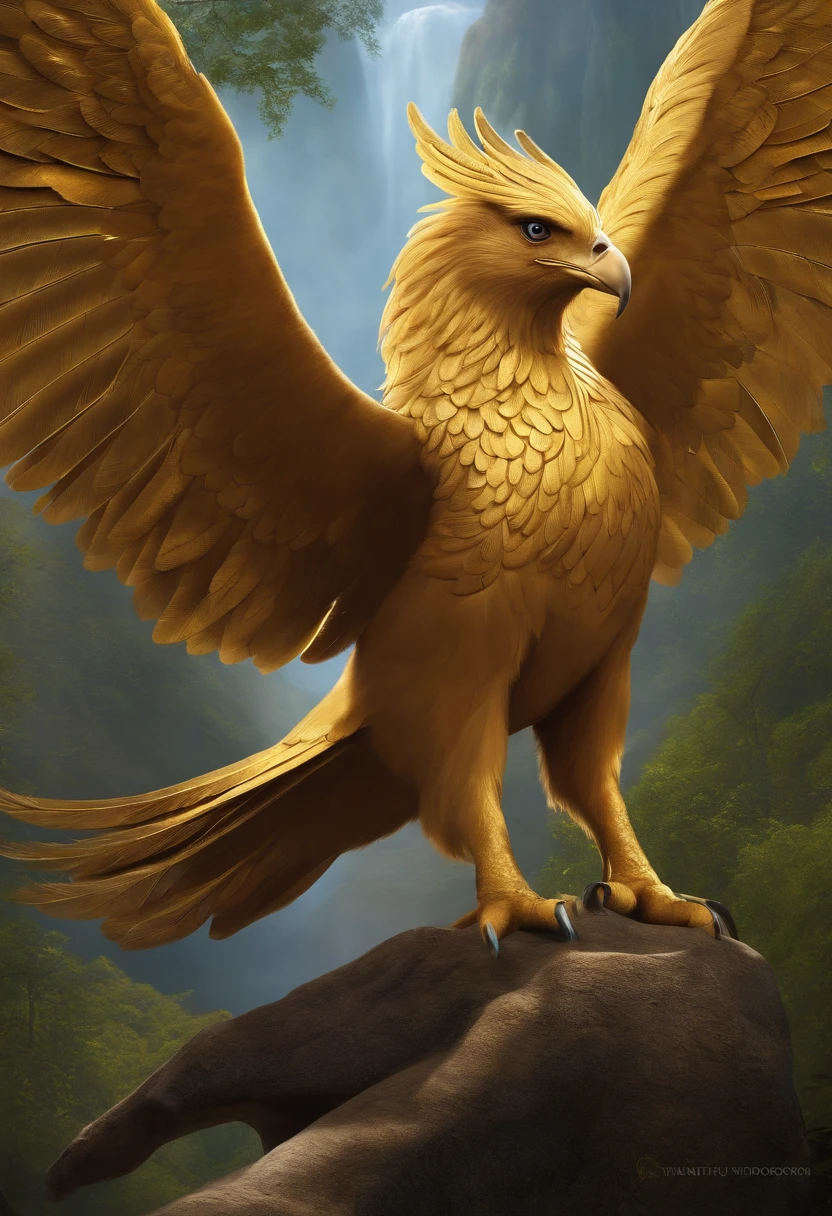 Create a golden-feathered hippogriff as an archetype of a therapy company called Hipnaturo