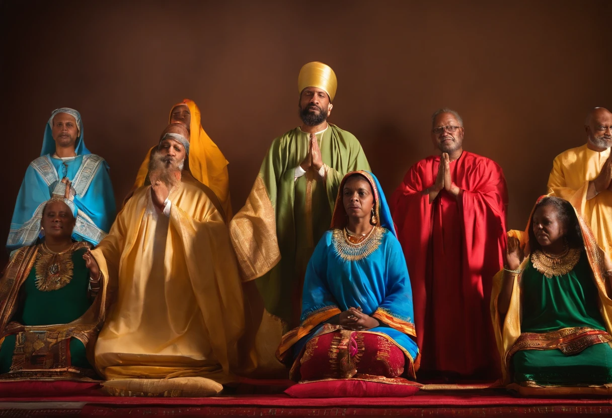 "Imagine uma cena de paz e espiritualidade, where people of different cultures and ethnicities come together in unity to pray the Lord's Prayer. Em seu centro, an atmosphere of serenity with a soft light symbolizes the presence of God. Ao redor, The faithful kneel or raise their hands in prayer, representando a diversidade e unidade da humanidade diante do Pai. No horizonte, palavras do Pai Nosso aparecem, floating like sacred symbols, unindo todos em uma mesma prece. May this image convey unity, peace and shared spirituality that the Lord's Prayer brings to those who utter it in harmony and faith."