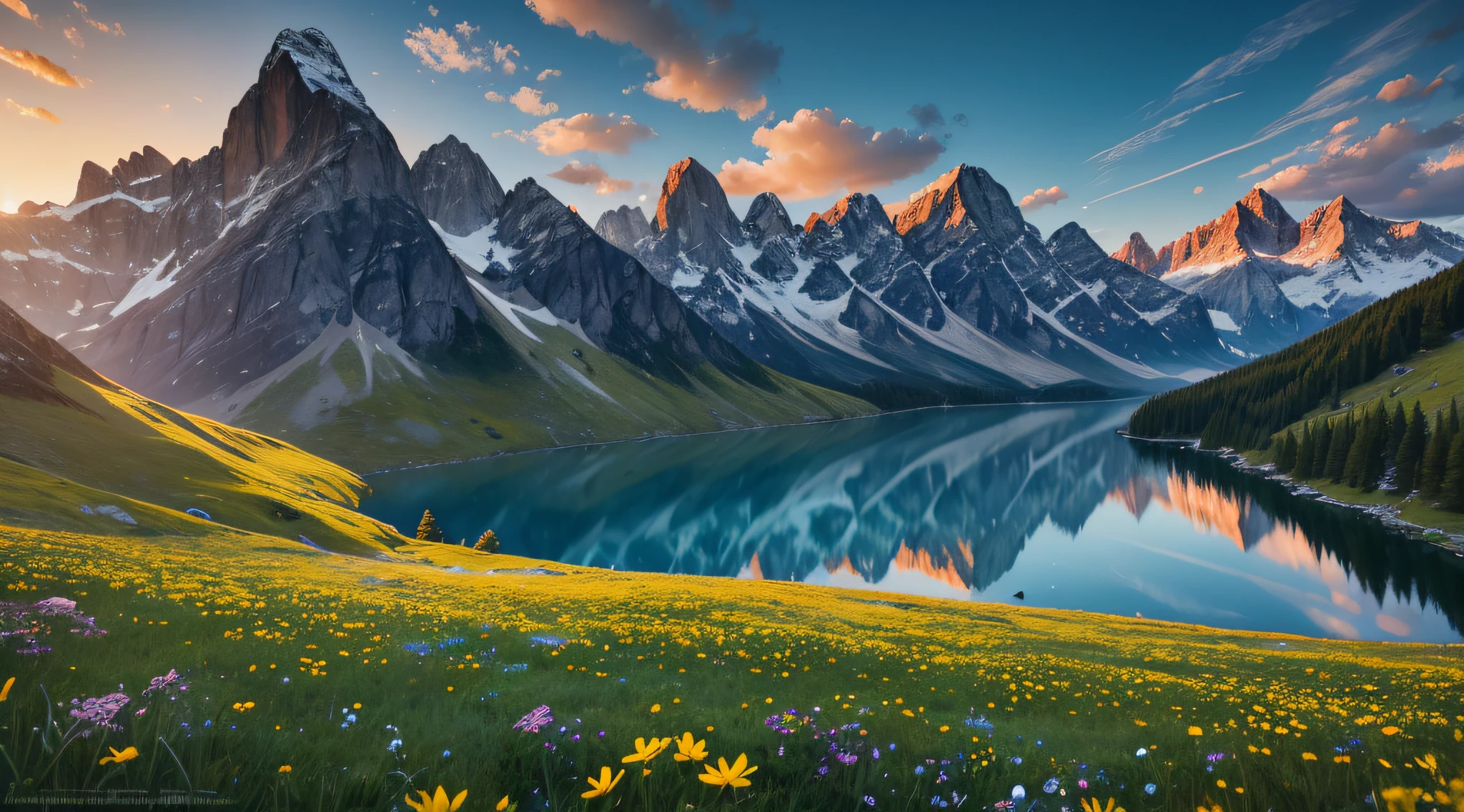 Spring sunrise flower field (Edelweiss Flower) on the Olan stone refuge and alpine peaks (Mont Blanc: altitude of 4808 meters, the highest peak in Western Europe and the European Union, (granite core around which metamorphic rocks such as gneiss, There are micaschists and calcschists)), The deep blue sky and the green valleys are dotted with wild flowers typical of alpine pastures, fir, larch. Mountain lake with reflection. majestic, picturesque, wild, nature, serenity, (16k, beste-Qualit, Hdr, Better resolution, master piece:1.2), Bright colors of the sun, red, orange and yellow, Bokeh, Realistic Photography, Canon 5d4.