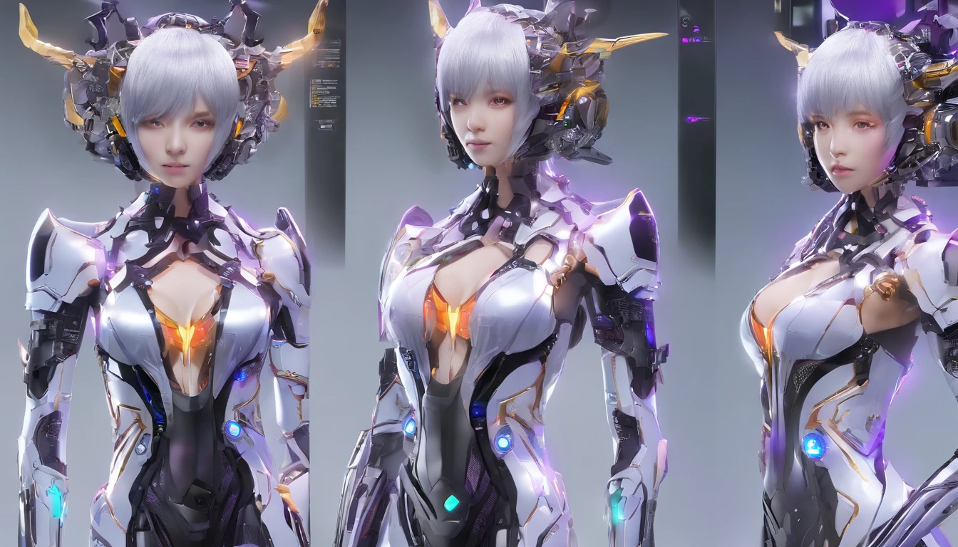 top-quality、tmasterpiece、超A high resolution、(Photorealsitic、RAW photo、Battle Robot Angel、Large wing made of metal、White porcelain body、Acrylic transparent cover、whaite hair、glowy skin、1 Cyborg Girl、((Super realistic details))、porate、globalillumination、black shadows、octan render、8K、ultrasharp、Character edge light,Colossal tits、Raw skin is exposed in cleavage、Details of complex ornaments、Gothloli details、Hydraulic cylinder、small led lights、highly intricate detail、Realistic light、a purple eye、Radiant eyes、Facing the camera、neon light detail、cow boy shot、Futuristic headgear、Floor plan about the《cyber punk perssonage》、、