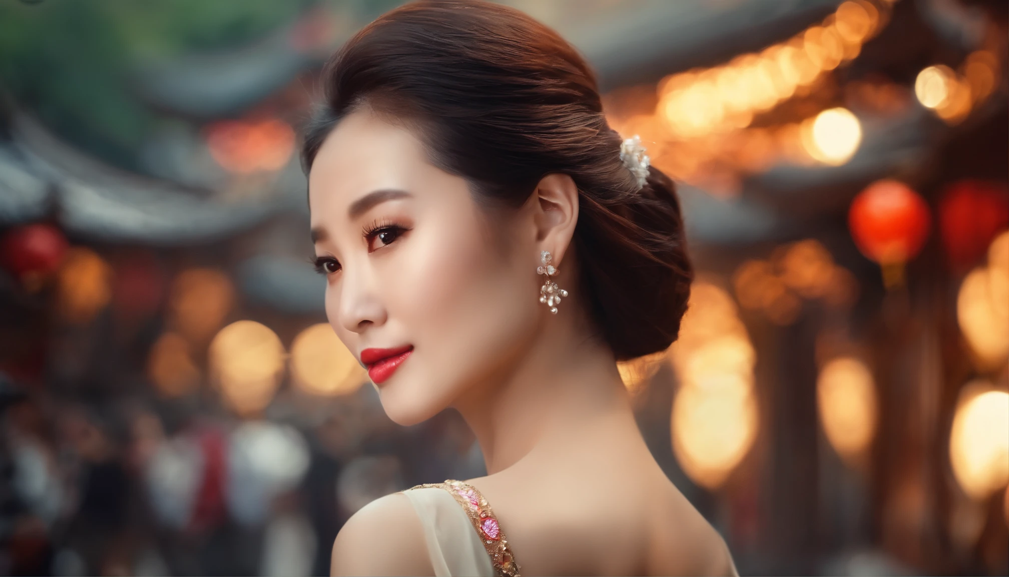 Most beautiful woman in the China face, blurry sunny town syndicate concept background, beautiful China woman face