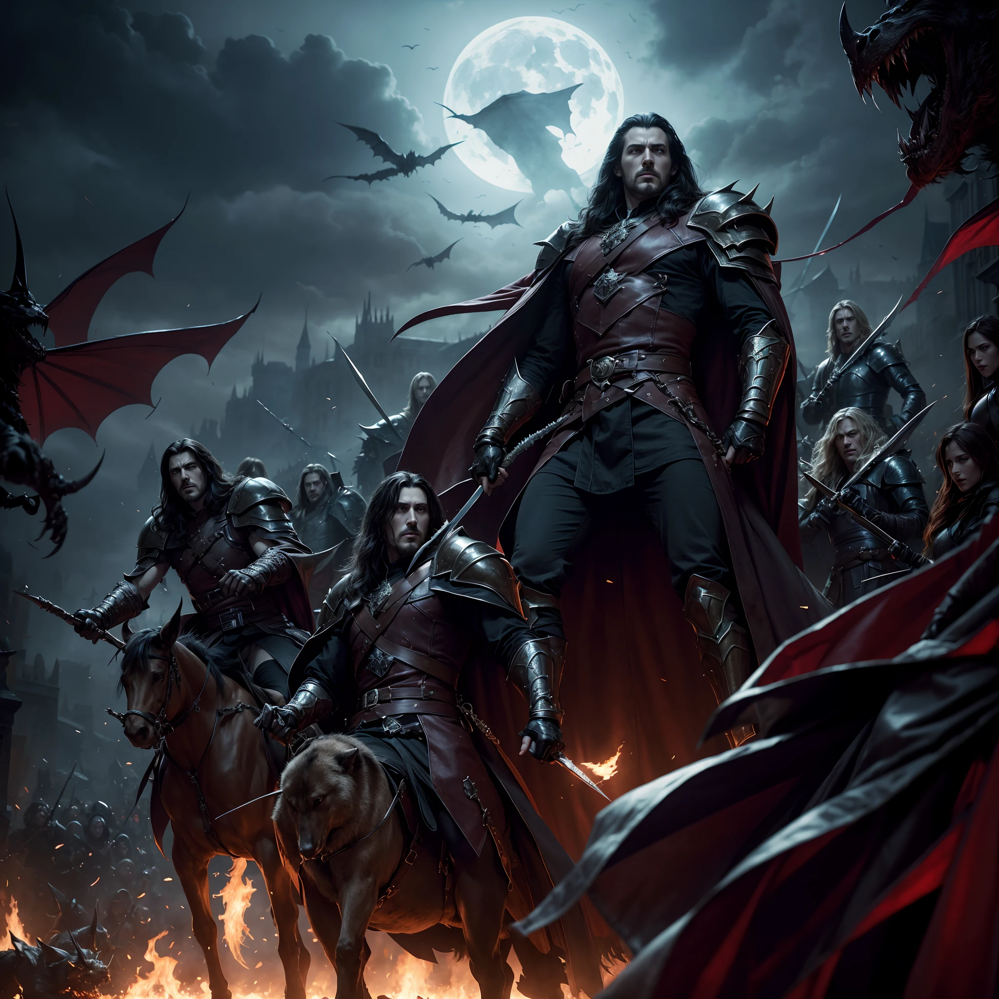 Castlevania Lord of the shadows hyper realistic super detailed Dynamic shot master piece scene cinématique scènes movie Epic Legendary Lord Dracula leading troops army of demons to battle sharp détails cinématique