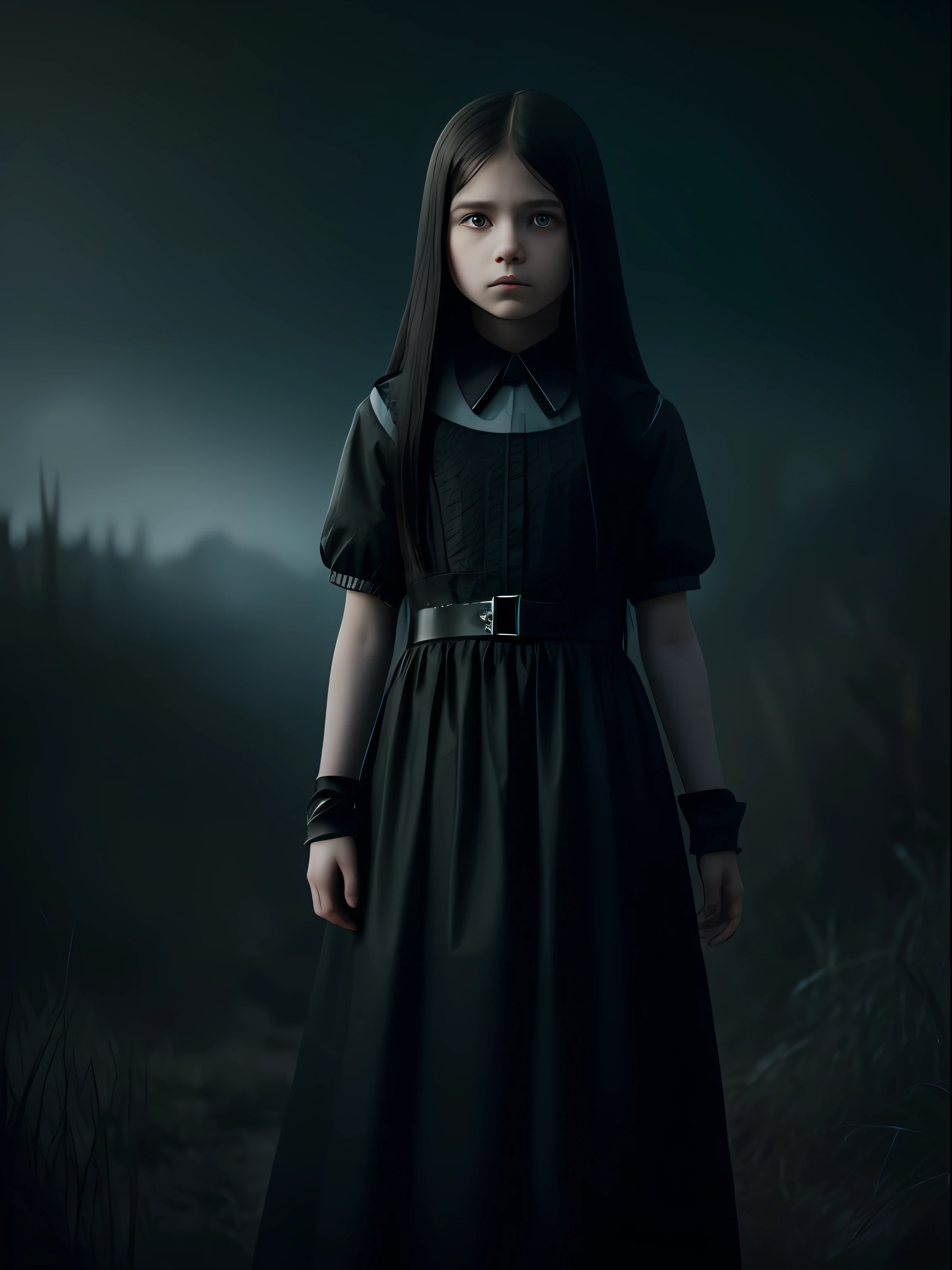 A  girl with pale skin and long, straight black hair. large and dark eyes , with an intense and enigmatic expression. wearing the orphan movie clothe style, with a more elegant and sophisticated touch, something that matches her mysterious and strong personality. Overall, her appearance would be striking, attracting curious and intrigued looks. flat chested, cinematic lighting, chromatic aberration, backlighting, masterpiece, high details, high quality, 4K.