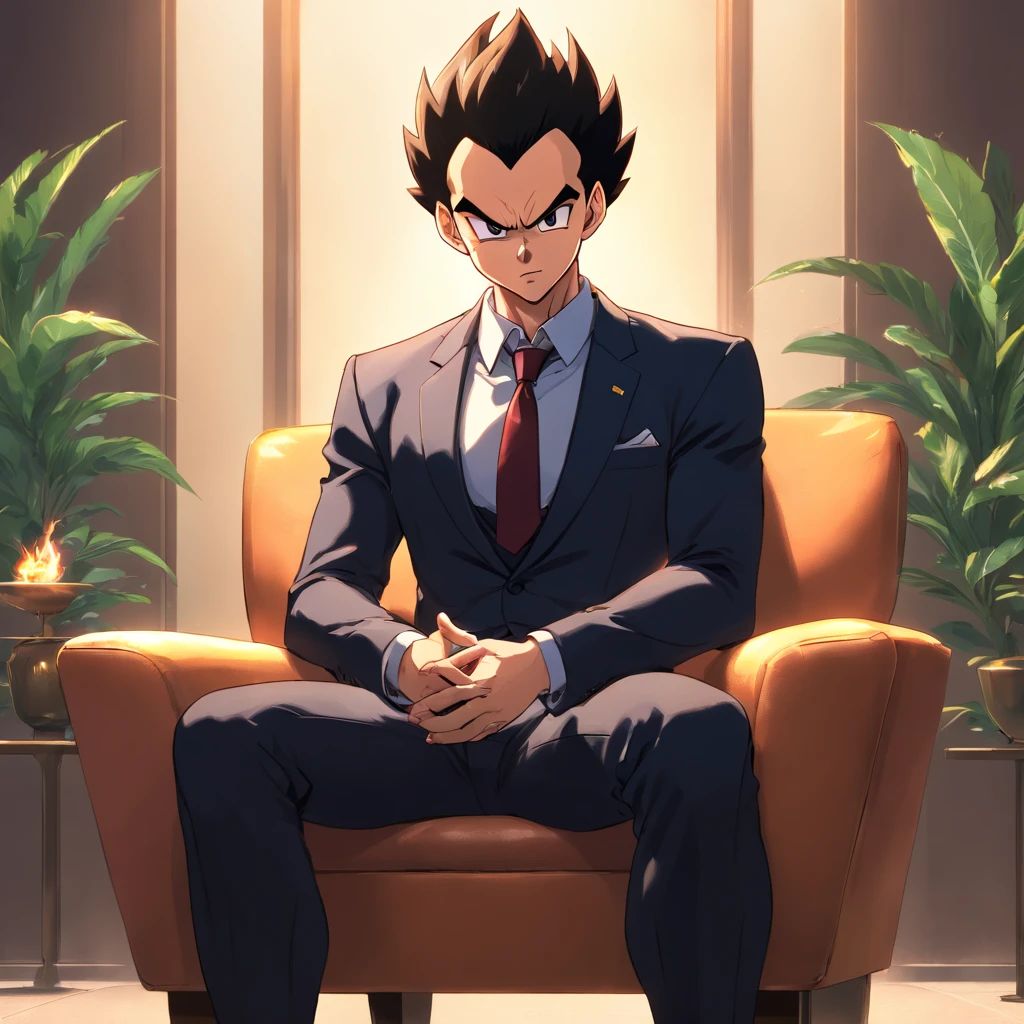 Vegeta wearing a black suit,cigar in mouth,sitting on a chair,showing his power and influence,male,Dragon Ball,(best quality,4k,8k,highres,masterpiece:1.2),ultra-detailed,(realistic,photorealistic,photo-realistic:1.37),vivid colors,sharp focus,studio lighting,bokeh,detailed eyes,detailed lips