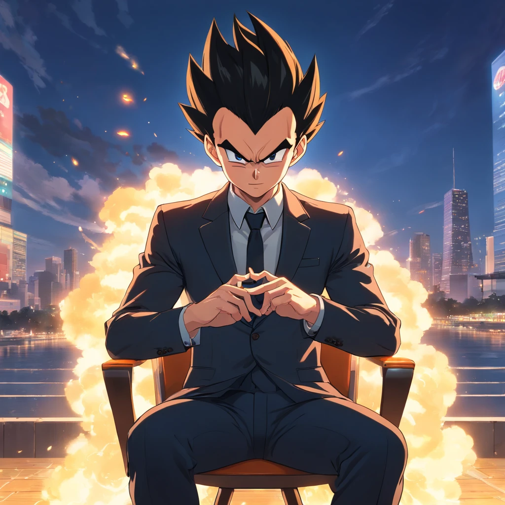 Vegeta wearing a black suit,cigar in mouth,sitting on a chair,showing his power and influence,male,Dragon Ball,(best quality,4k,8k,highres,masterpiece:1.2),ultra-detailed,(realistic,photorealistic,photo-realistic:1.37),vivid colors,sharp focus,studio lighting,bokeh,detailed eyes,detailed lips