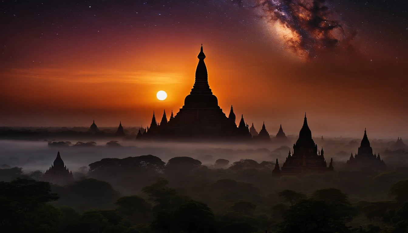 Bagan pagodas of Burma at night, start night, milky way in the sky, best composition, hyper detailed, masterpiece art work, long view, silhouette of pagodas , at night.