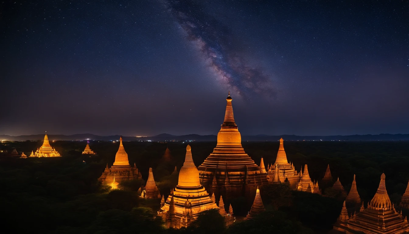 Bagan pagodas of Burma at night, start night, milky way in the sky, best composition, hyper detailed, masterpiece art work, long view, silhouette of pagodas , at night.