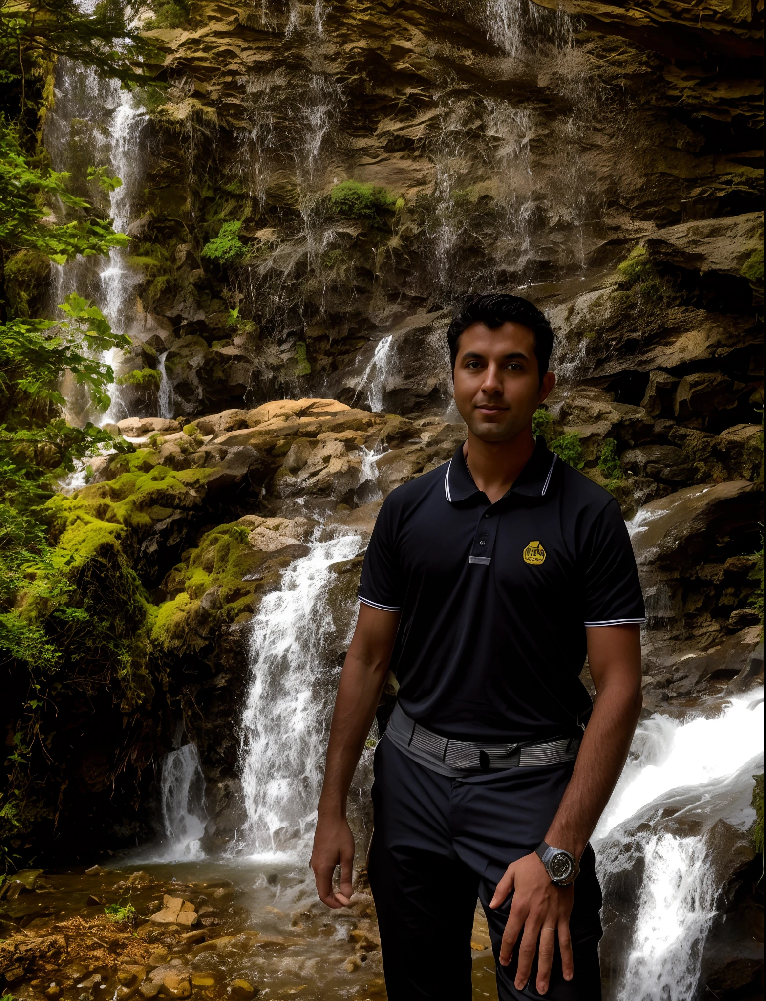 arafed man standing in front of a waterfall in a forest, standing near a waterfall, standing in front of a waterfall, next to a waterfall, standing in a waterfall, waterfall in the background, with a waterfalls, waterfalls in the background, standing inside a waterfall, in a cave with the waterfall, with waterfalls, waterfall in background