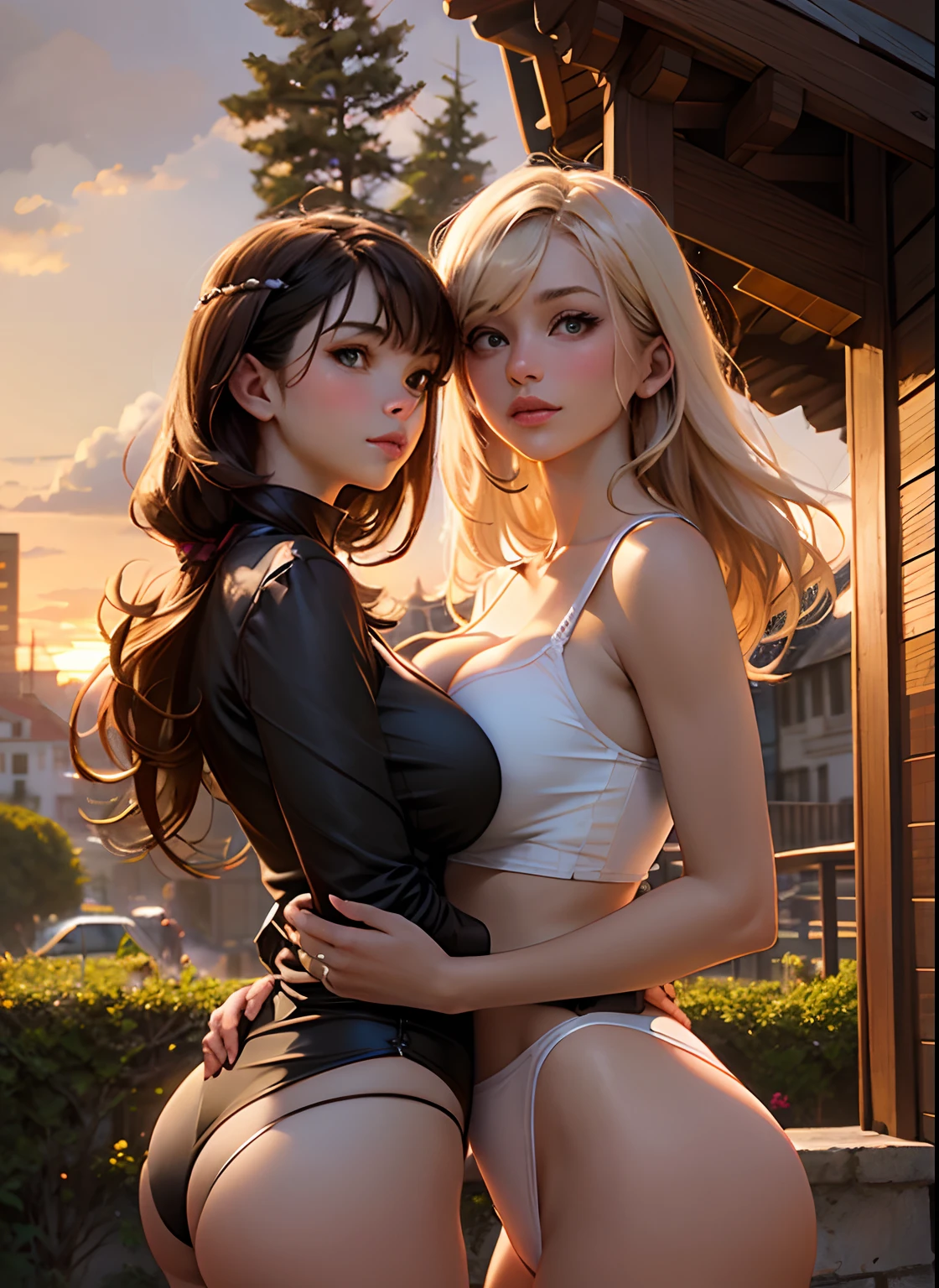 masterpiece, best_quality, 2 girls embracing on a fancy patio. Background is high detail and in focus, , low cut t-shirt, cute panties, barefoot, brunette, blonde, Perfect face, 4K, hdr, uhd, Full body, luminous lighting, evening sunset 🌇. Intricate details exquisite details. UHD, wlop. Suductively posing. Big breasts. Big buttocks.