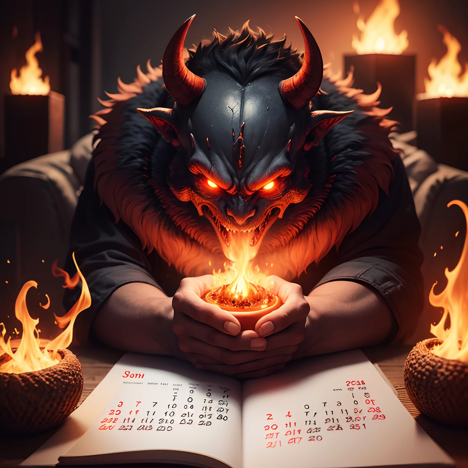 calendar with an image of a monster demon on fire