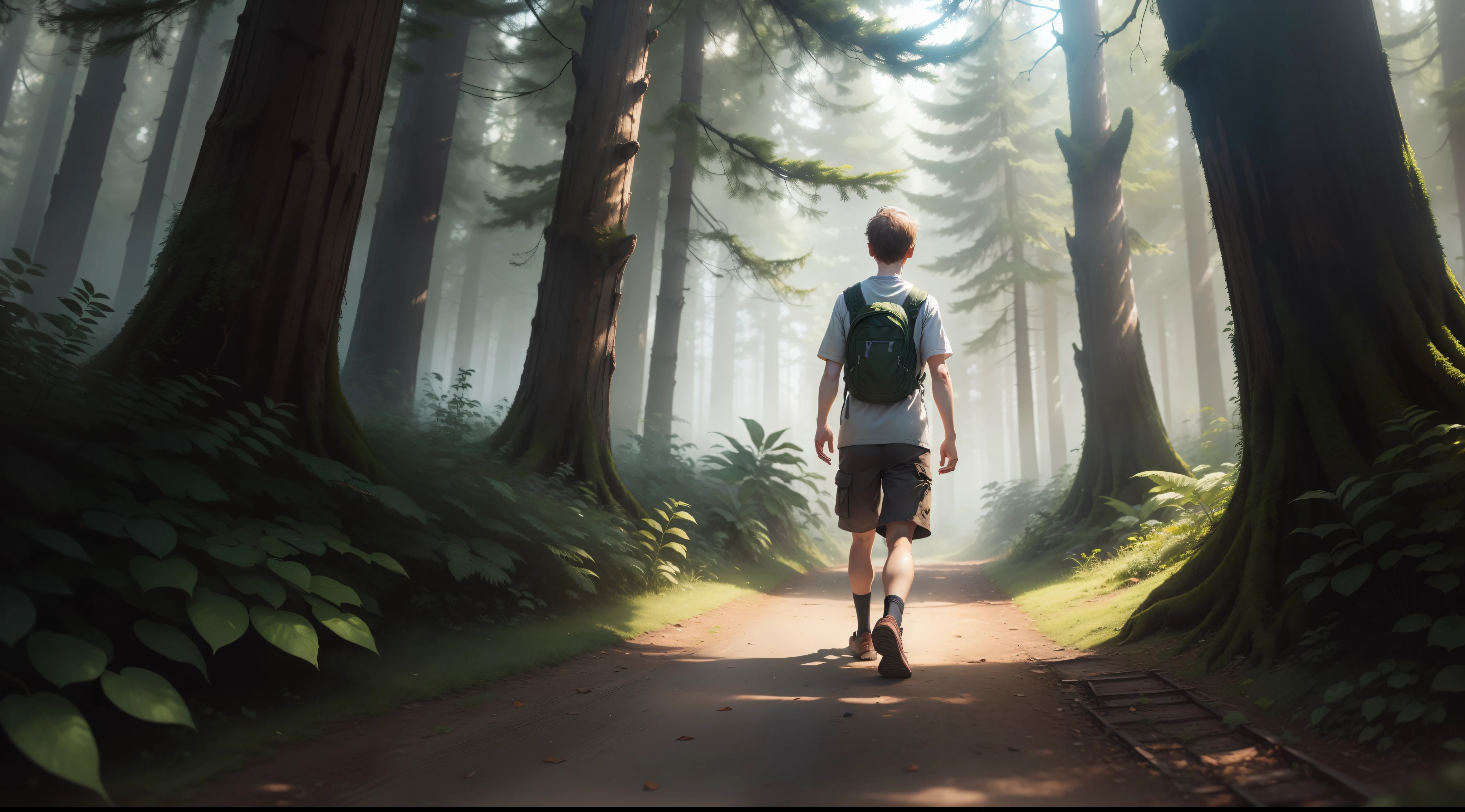 Lucas takes a deep breath and enters the forest with determination.
He follows clues, such as footprints and paw prints, left by Max.
