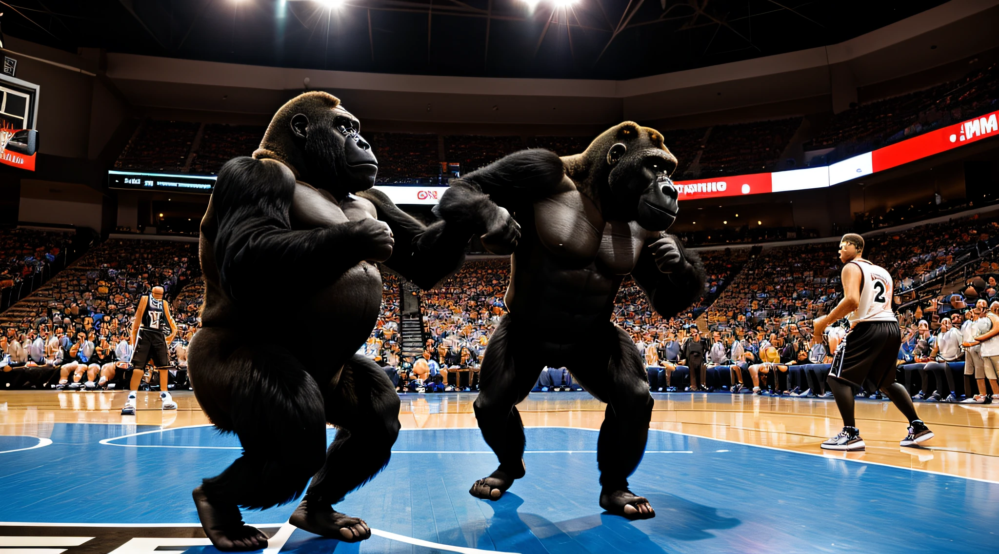 a gorilla beating its chest in the middle of a basketball court, people watching the game