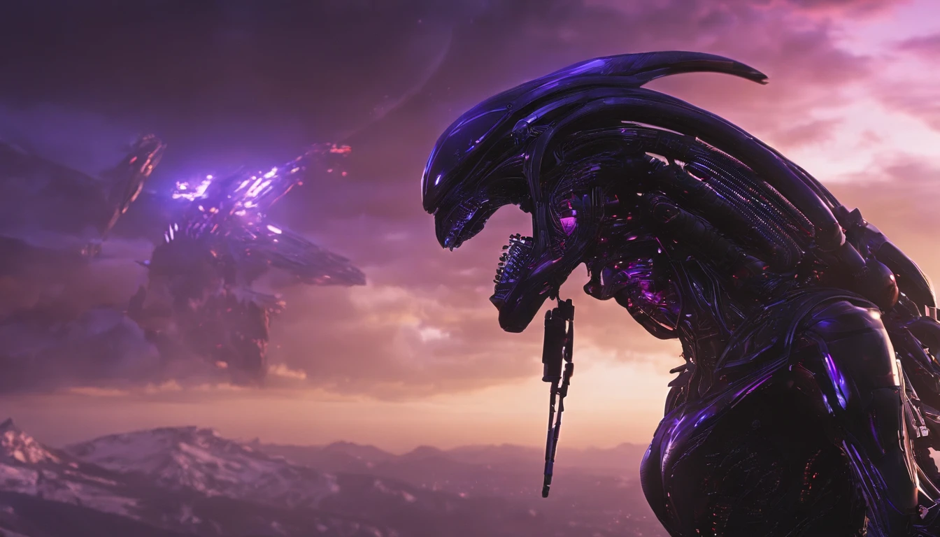 4K images,AI robot and Dark Knight 2 fight scene,(on the sky,White porcelain body、Acrylic transparent cover、whaite hair、glowy skin、1 Cyborg Girl、((Super realistic details))、porate、globalillumination、black shadows、octan render、8K、ultrasharp、Character edge light,Huge mountains), During the fight scene between the two, golden light collides with purple light in the sky