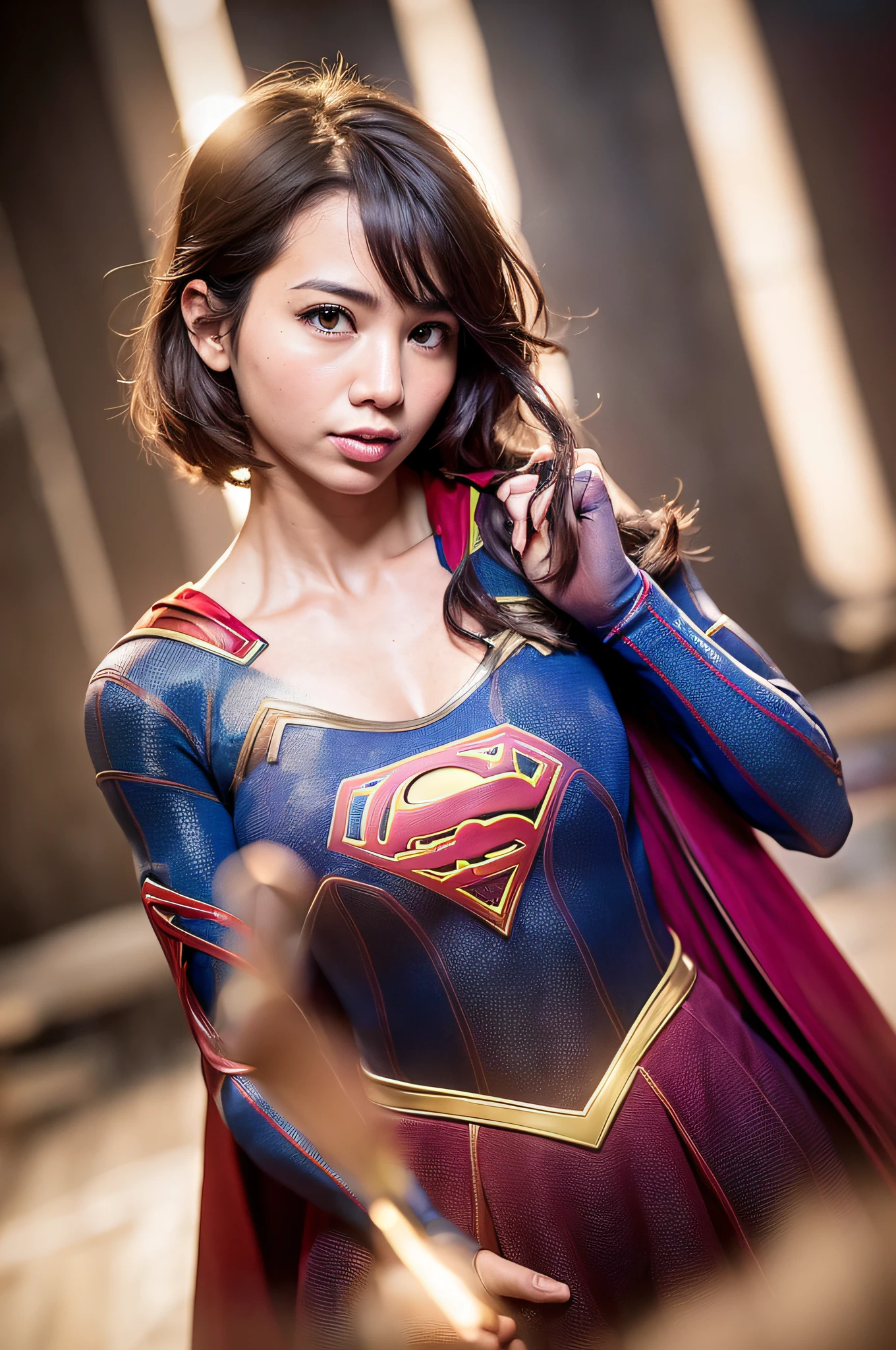 black hair woman posing for a photo,(wearing supergirl_cosplay_outfit:1.3), good hand,4k, high-res, masterpiece, best quality, head:1.3,((Hasselblad photography)), finely detailed skin, sharp focus, (cinematic lighting), collarbone, night, soft lighting, dynamic angle, [:(detailed face:1.2):0.2],(((5 stars hotel))), outside,