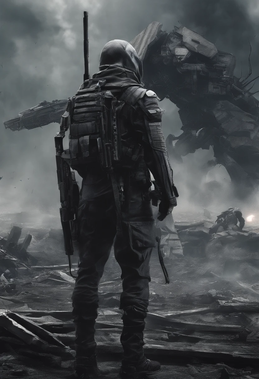 Realistic, 4k, Um anjo + Rei esqueleto com detalhes intrincados, Presentation of detailed information items and skill images with dynamic effects + com asas grandes, uma espada, a hood over his head in the background image of a war (caos)